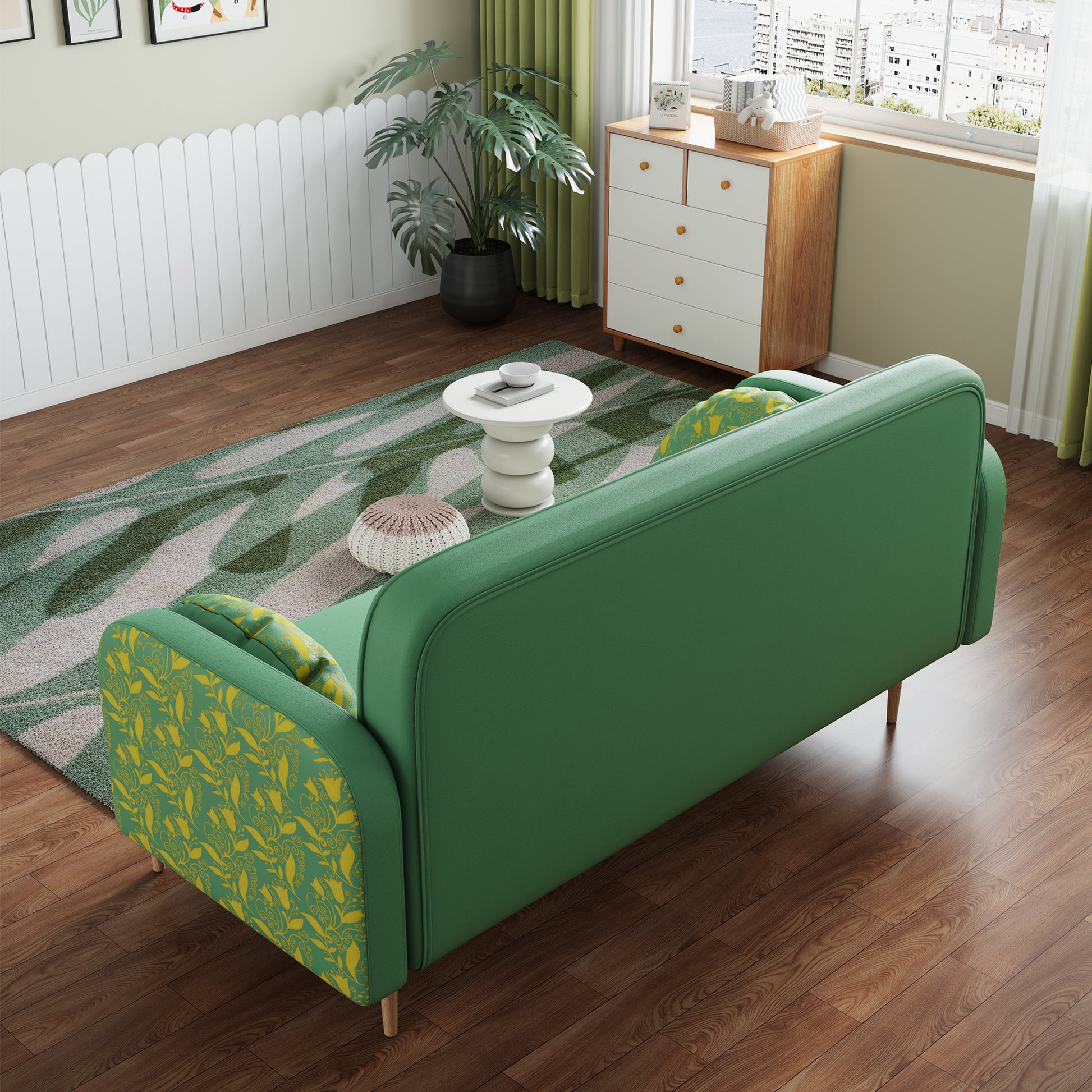 Green Loveseat Sofa With Tulip Pattern Modern Upholstered Two Seater Pu Sofa With 2 Dumpling Shaped Throw Pillows With Tulip Patterns Green Medium Soft Tech Cloth Solid Wood 2 Seat