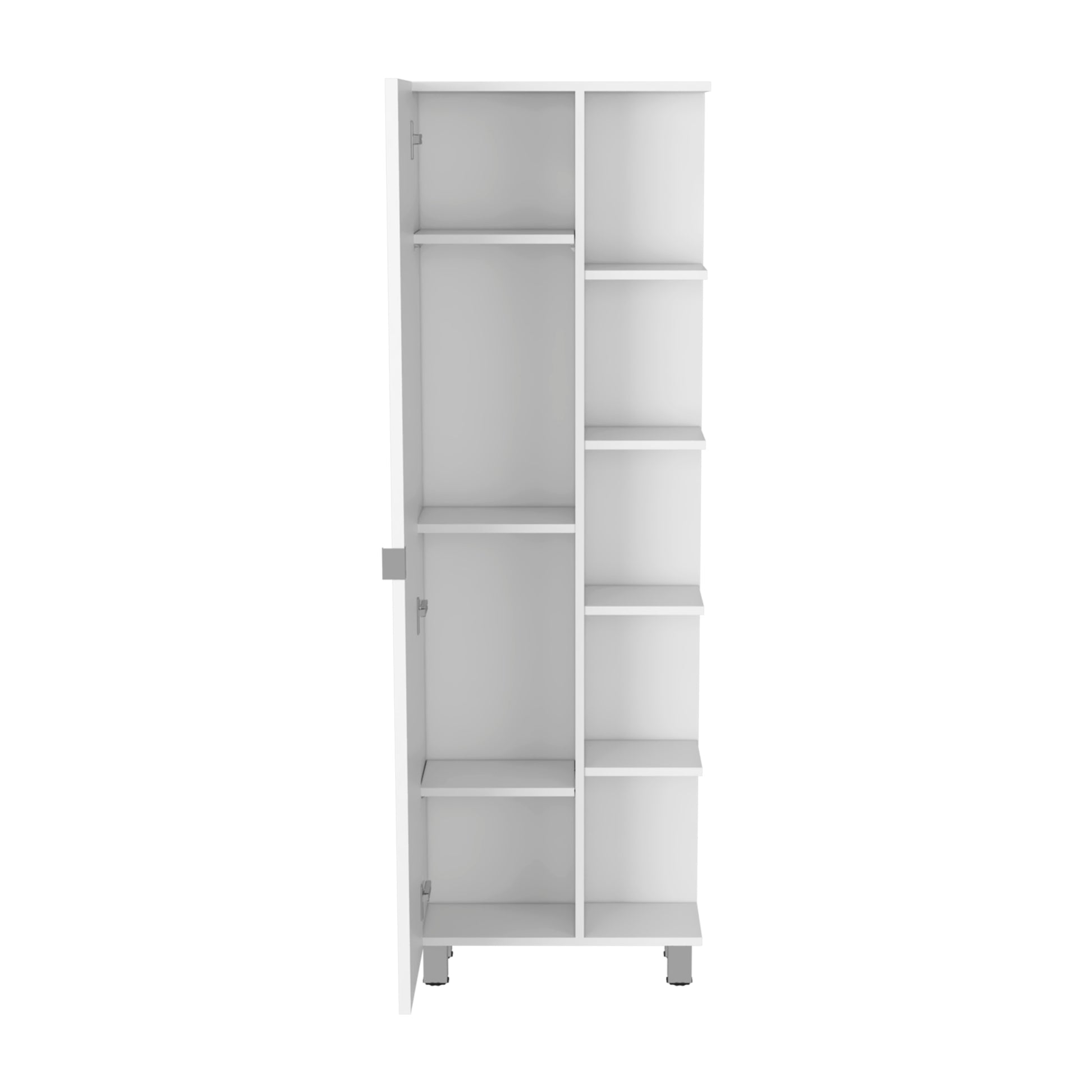 62H" Linen Single Door Cabinet, Five External Shelves, Four Interior Shelves, White White Particle Board Particle Board