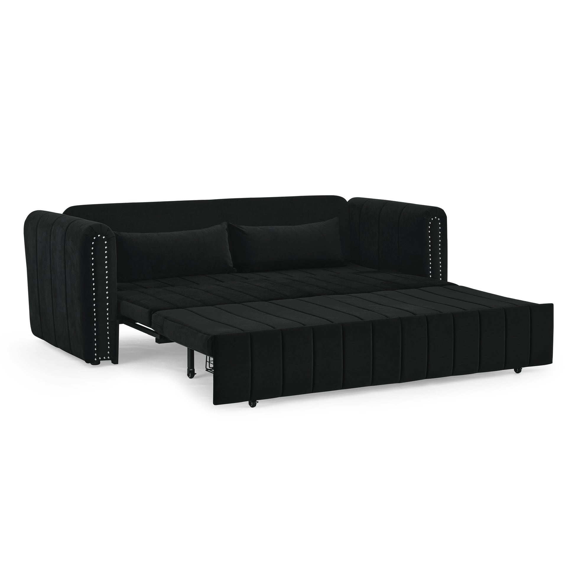3 In 1 Pull Out Bed Sleeper, Modern Upholstered 3 Seats Lounge Sofa & Couches With Rolled Arms Decorated With Copper Nailsconvertible Futon 3 Seats Sofabed With Two Drawers And Two Pillows Black Velvet Primary Living Space Medium Soft Cushion Back Rolled