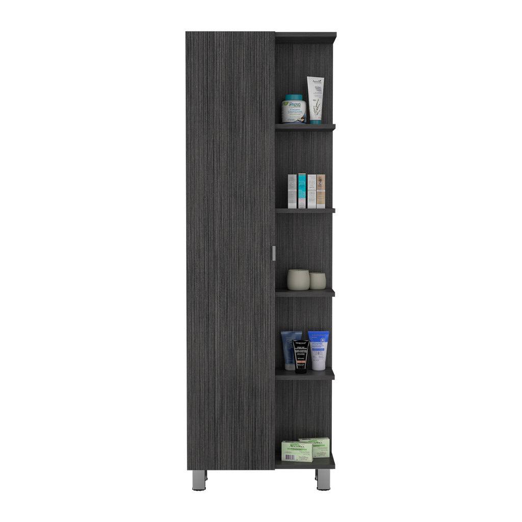 Linen Single Door Cabinet 62" H, Five External Shelves, Four Interior Shelves, Smokey Oak Gray Particle Board Particle Board