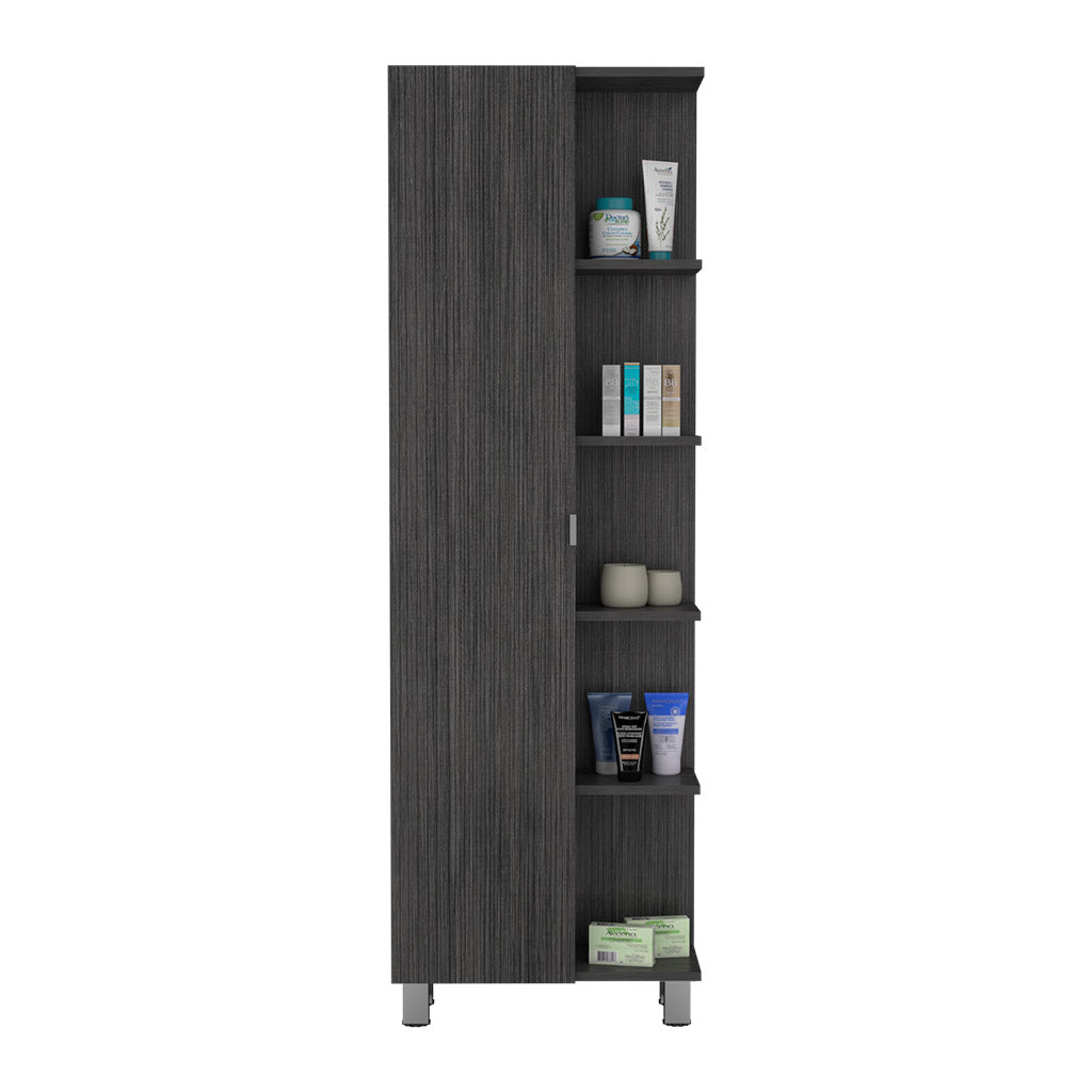 62H" Linen Single Door Cabinet, Five External Shelves, Four Interior Shelves, Smokey Oak Gray Particle Board Particle Board