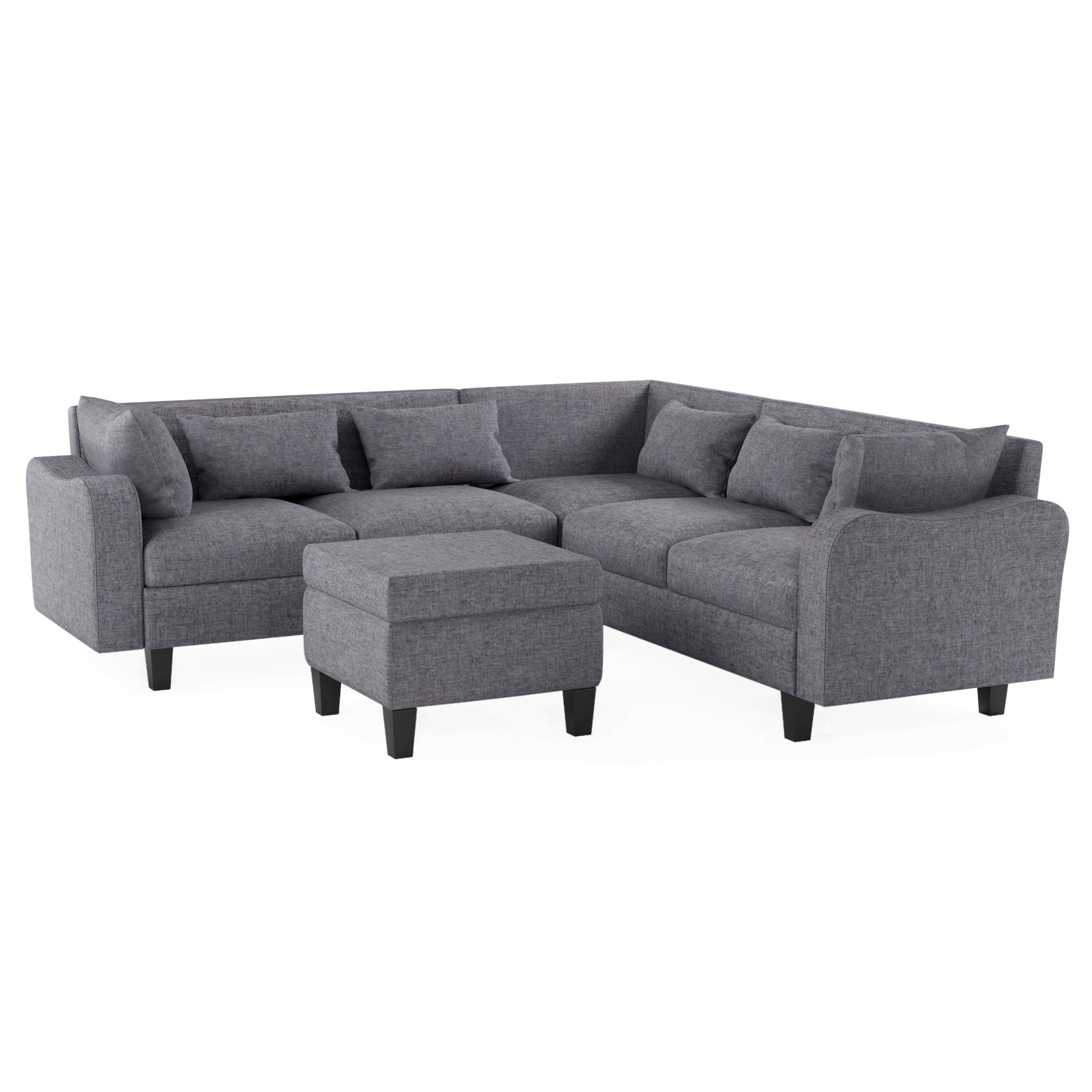 87" Modern Sectional Sofa With Coffee Table,6 Seat Couch Set With Storage Ottoman,Various Combinations,L Shape Indoor Furniture With Unique Armrests For Living Room,Apartment, 2 Colors 6 Pillows Gray Linen 6 Seat