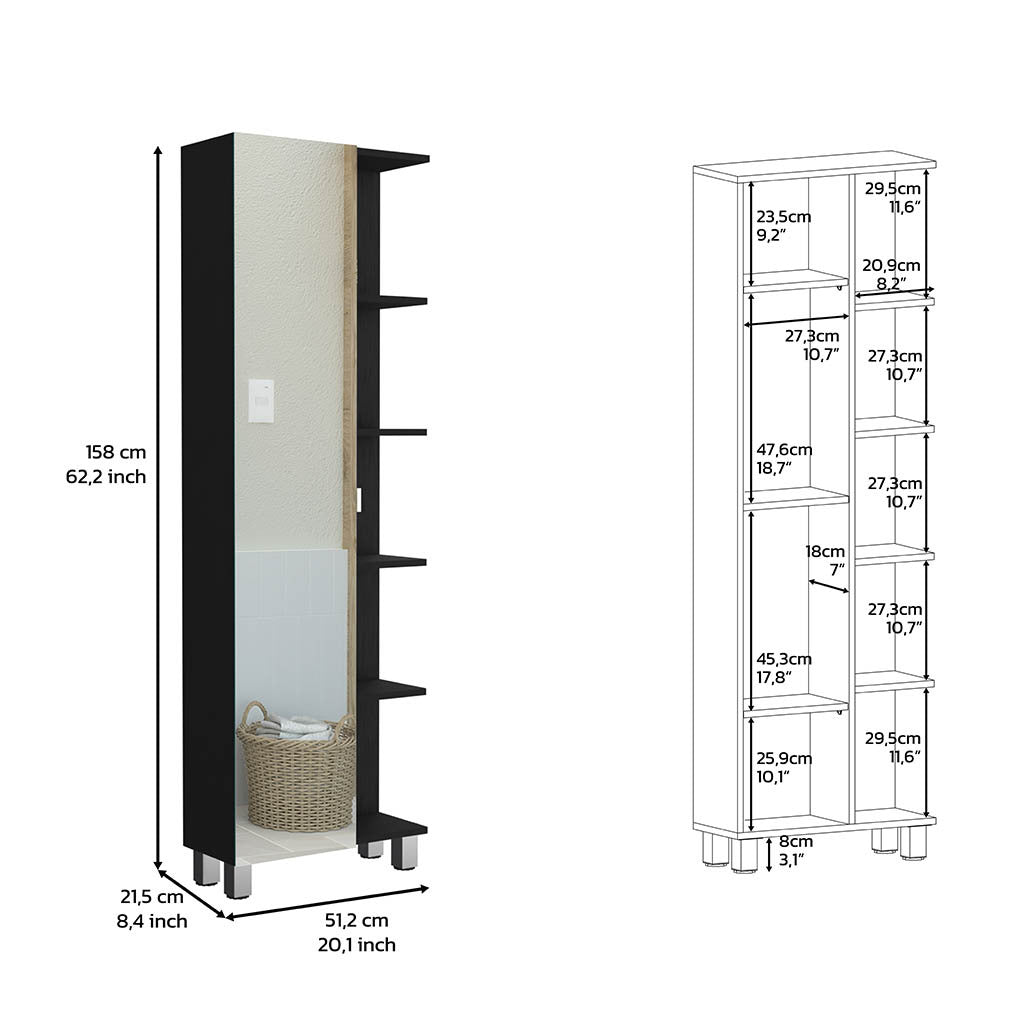 62H"Mirror Linen Single Door Cabinet, Five External Shelves, Four Interior Shelves, Black Black Particle Board Particle Board