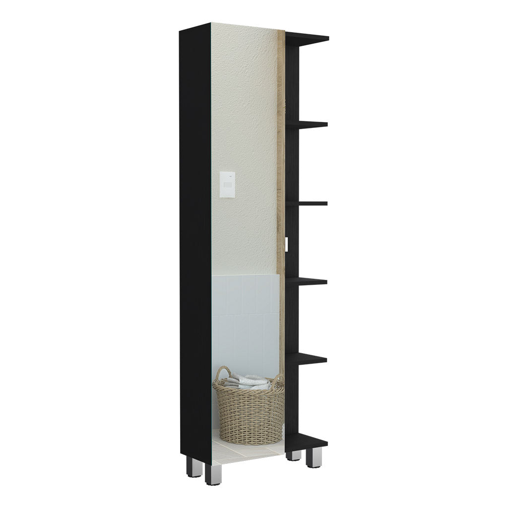 62H"Mirror Linen Single Door Cabinet, Five External Shelves, Four Interior Shelves, Black Black Particle Board Particle Board