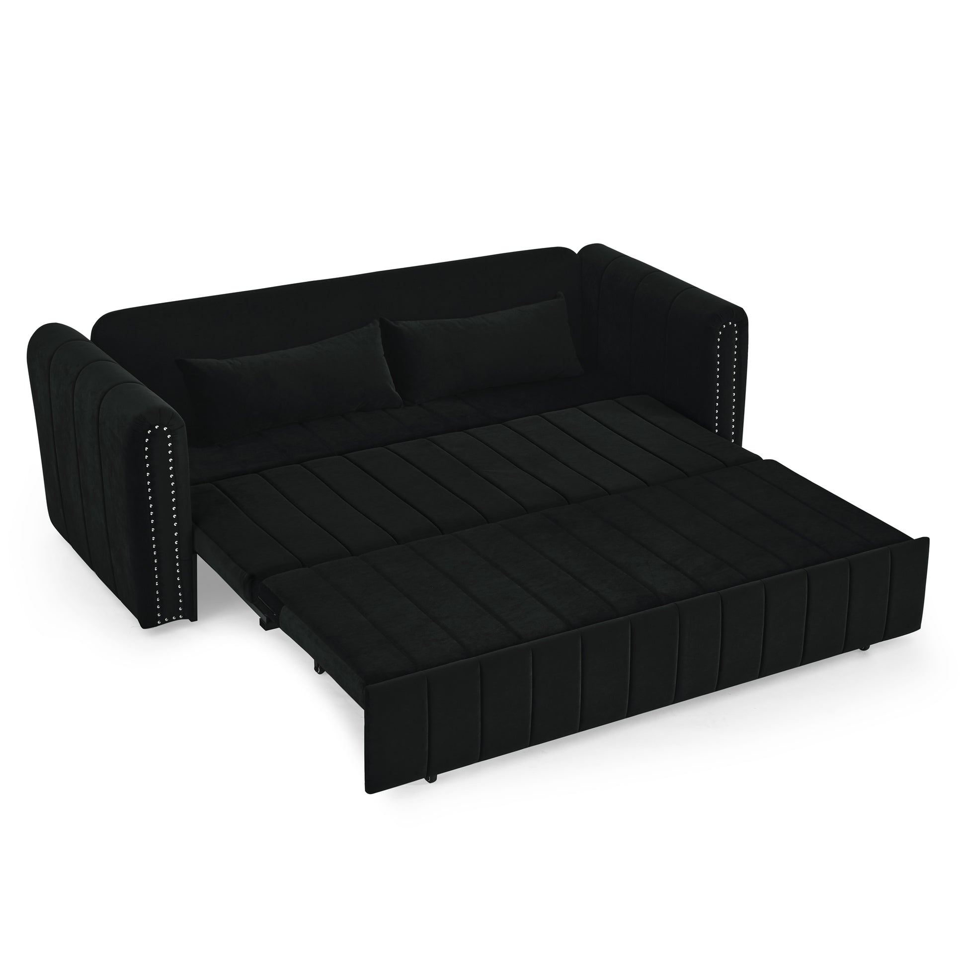 3 In 1 Pull Out Bed Sleeper, Modern Upholstered 3 Seats Lounge Sofa & Couches With Rolled Arms Decorated With Copper Nailsconvertible Futon 3 Seats Sofabed With Two Drawers And Two Pillows Black Velvet Primary Living Space Medium Soft Cushion Back Rolled