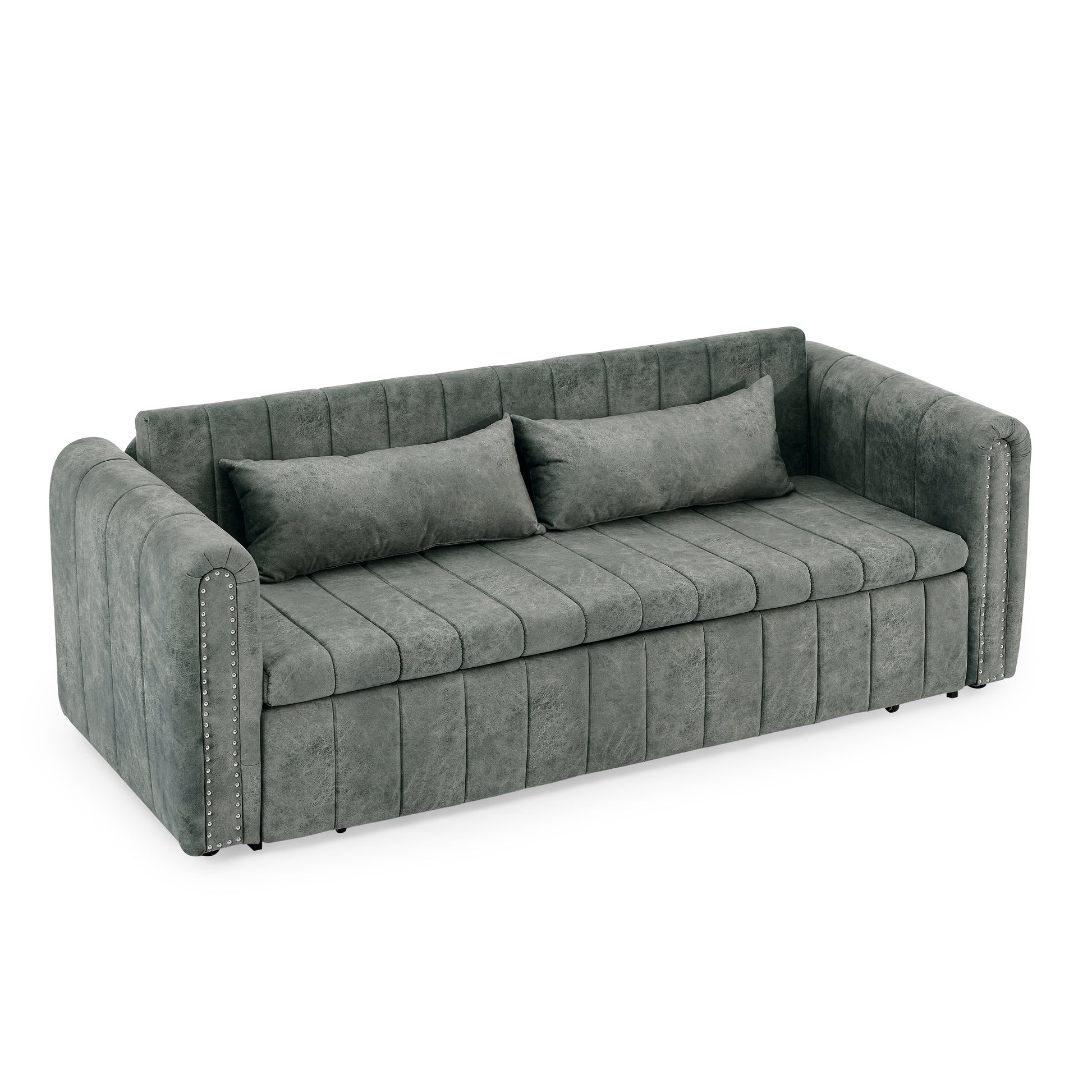 3 In 1 Pull Out Bed Sleeper, Modern Upholstered 3 Seats Lounge Sofa & Couches With Rolled Arms Decorated With Copper Nailsconvertible Futon 3 Seats Sofabed With Two Drawers And Two Pillows Grey Velvet Primary Living Space Medium Soft Cushion Back Square