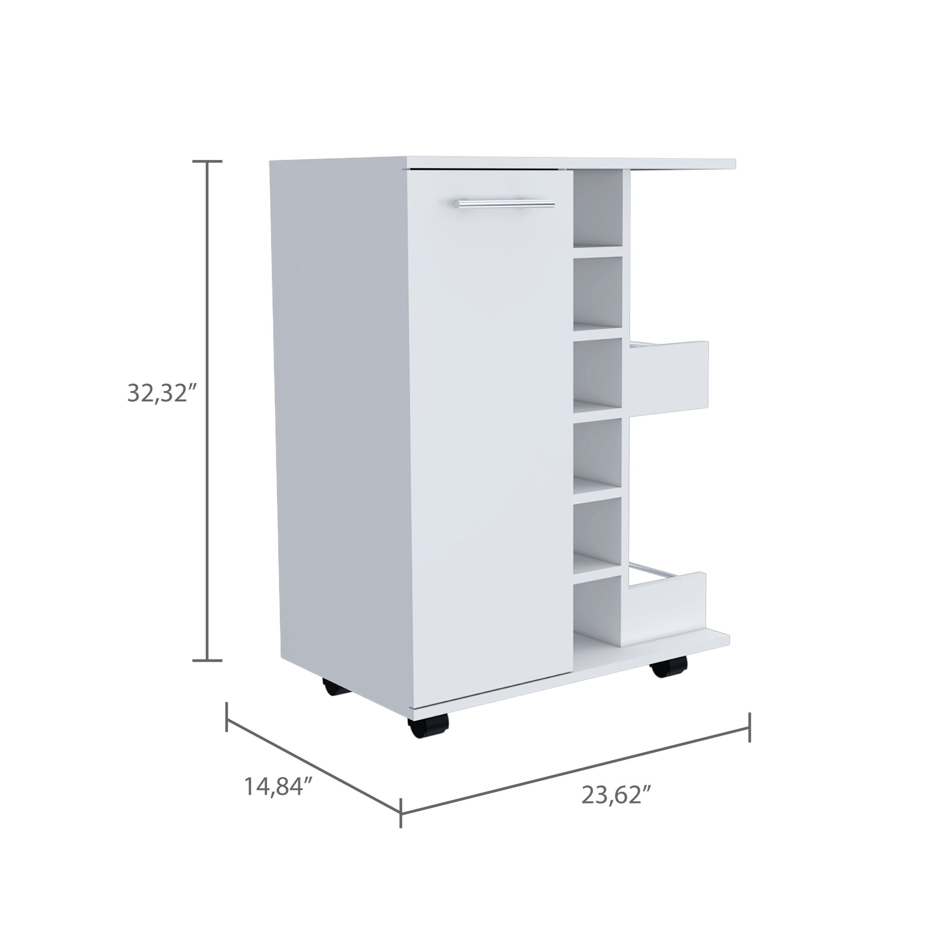 32" H White Bar Coffee Cart, Cabinet Storage, With 4 Wheels, 1 Divided Storage With 1 Shelf, 1 Folding Door, A Central Vertical Division For 6 Bottles And 2 Side Shelves With Aluminum Front White Particle Board Particle Board