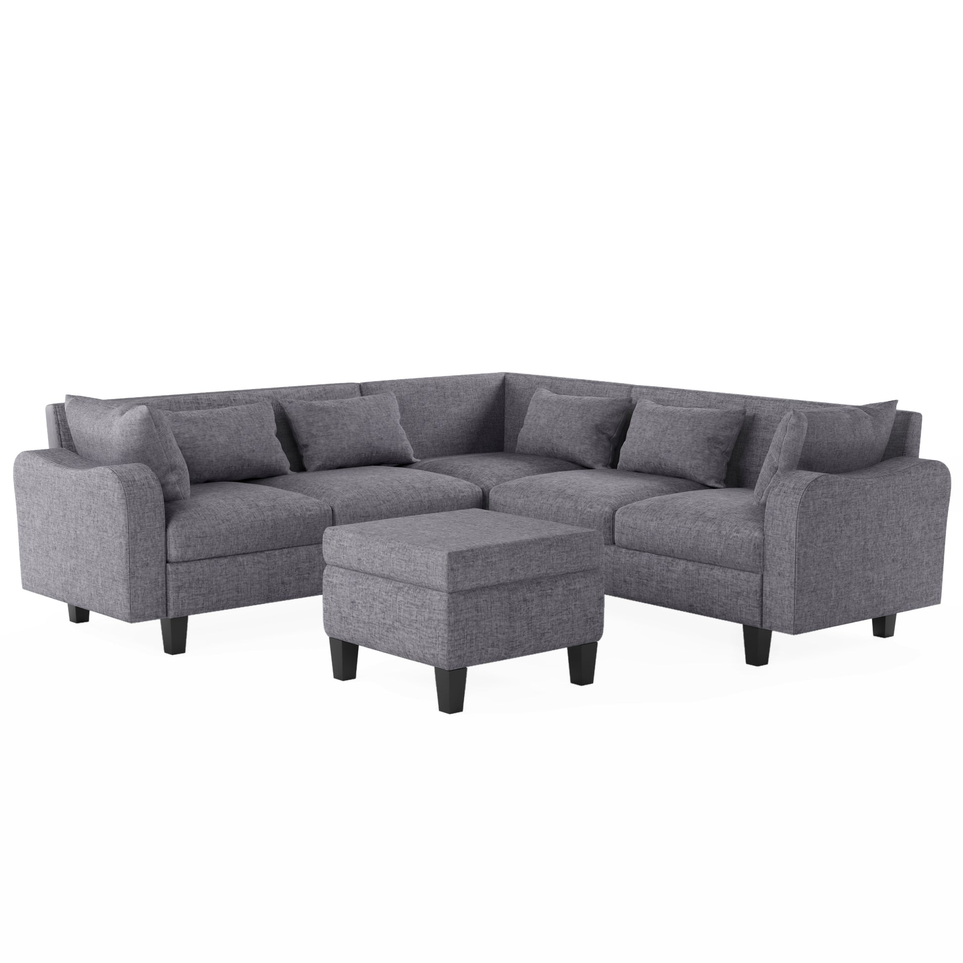 87" Modern Sectional Sofa With Coffee Table,6 Seat Couch Set With Storage Ottoman,Various Combinations,L Shape Indoor Furniture With Unique Armrests For Living Room,Apartment, 2 Colors 6 Pillows Gray Linen 6 Seat