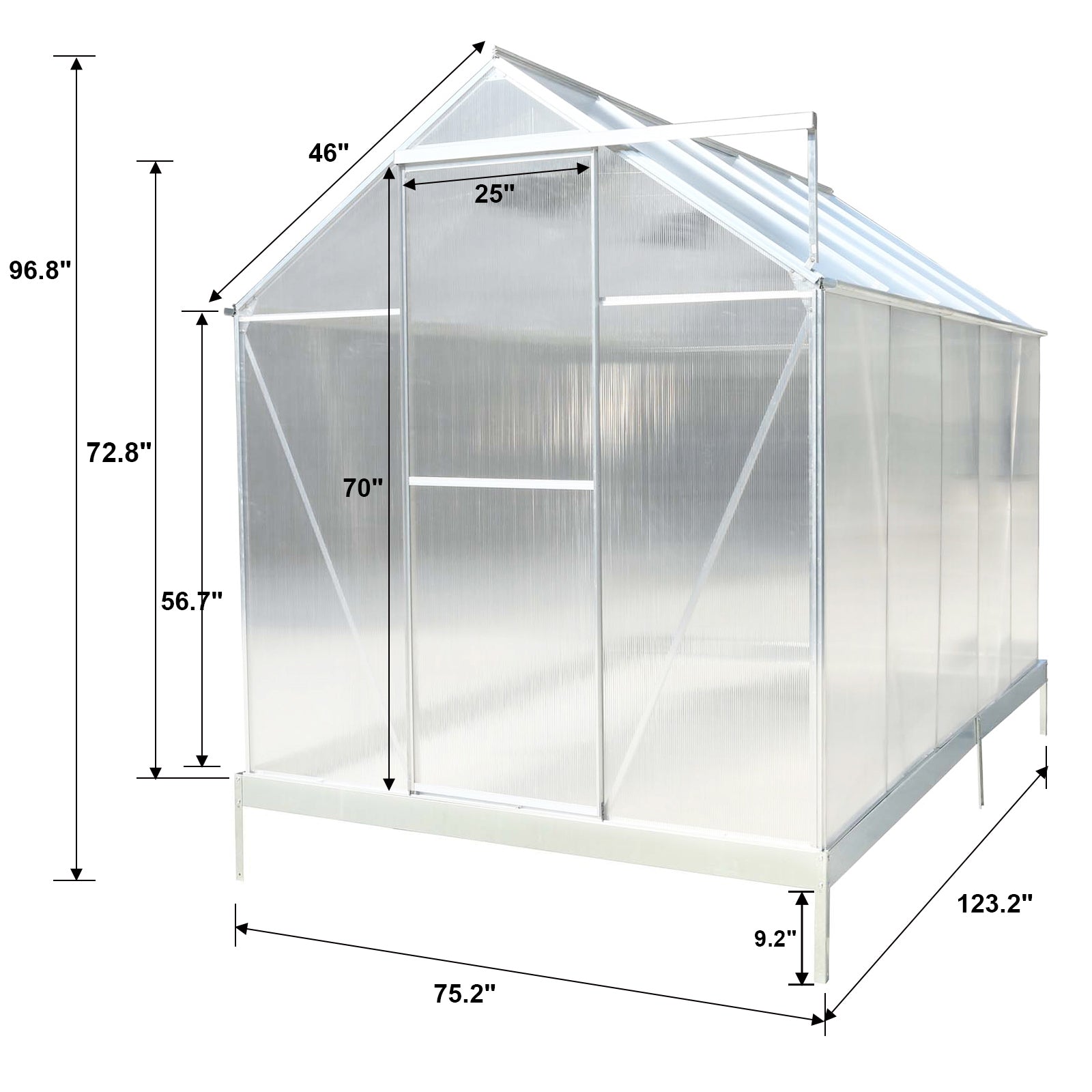 6.3'*10.2'*7' Polycarbonate Greenhouse, Heavy Duty Outdoor Aluminum Walk In Green House Kit With Rain Gutter, Vent And Door For Backyard Garden, Color Aluminium Silver Aluminium