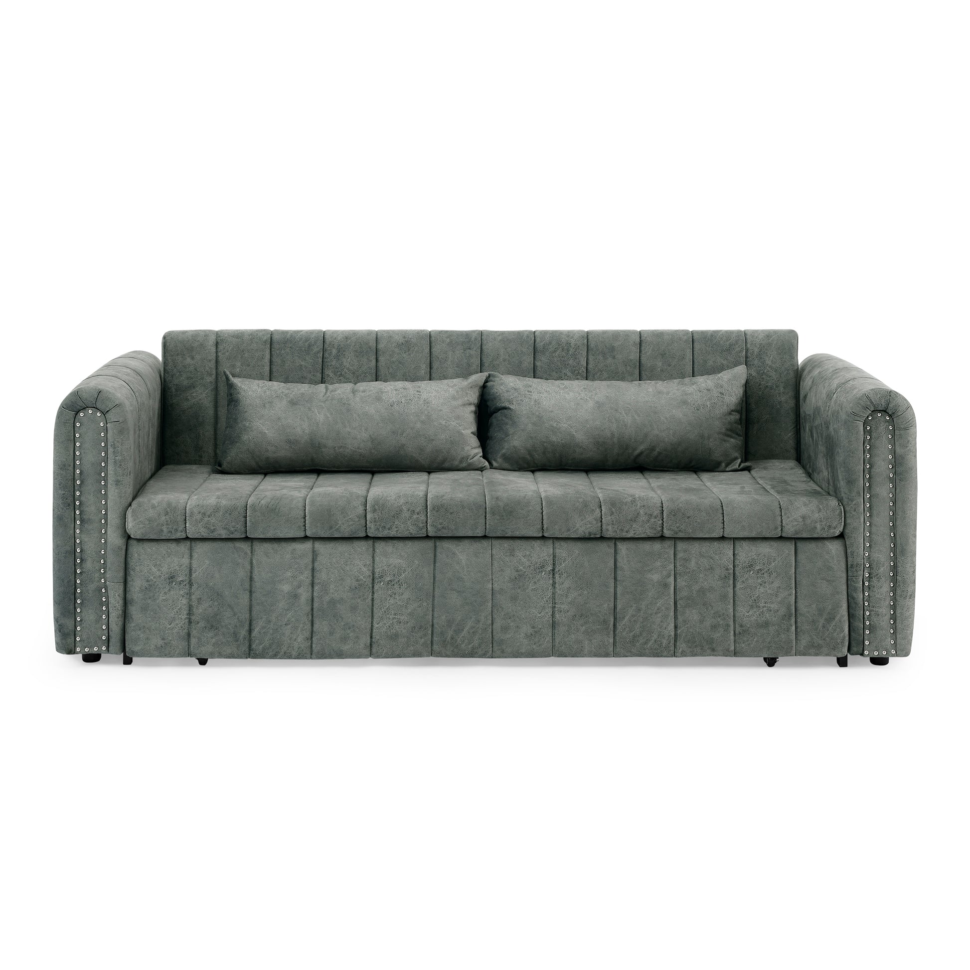 3 In 1 Pull Out Bed Sleeper, Modern Upholstered 3 Seats Lounge Sofa & Couches With Rolled Arms Decorated With Copper Nailsconvertible Futon 3 Seats Sofabed With Two Drawers And Two Pillows Grey Velvet Primary Living Space Medium Soft Cushion Back Square