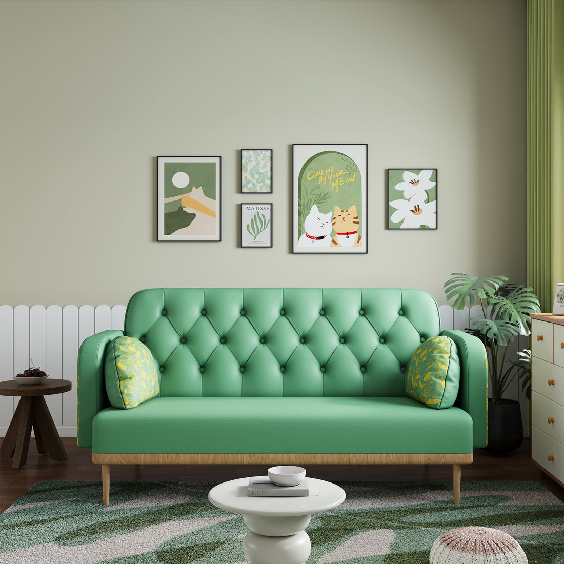 Green Loveseat Sofa With Tulip Pattern Modern Upholstered Two Seater Pu Sofa With 2 Dumpling Shaped Throw Pillows With Tulip Patterns Green Medium Soft Tech Cloth Solid Wood 2 Seat