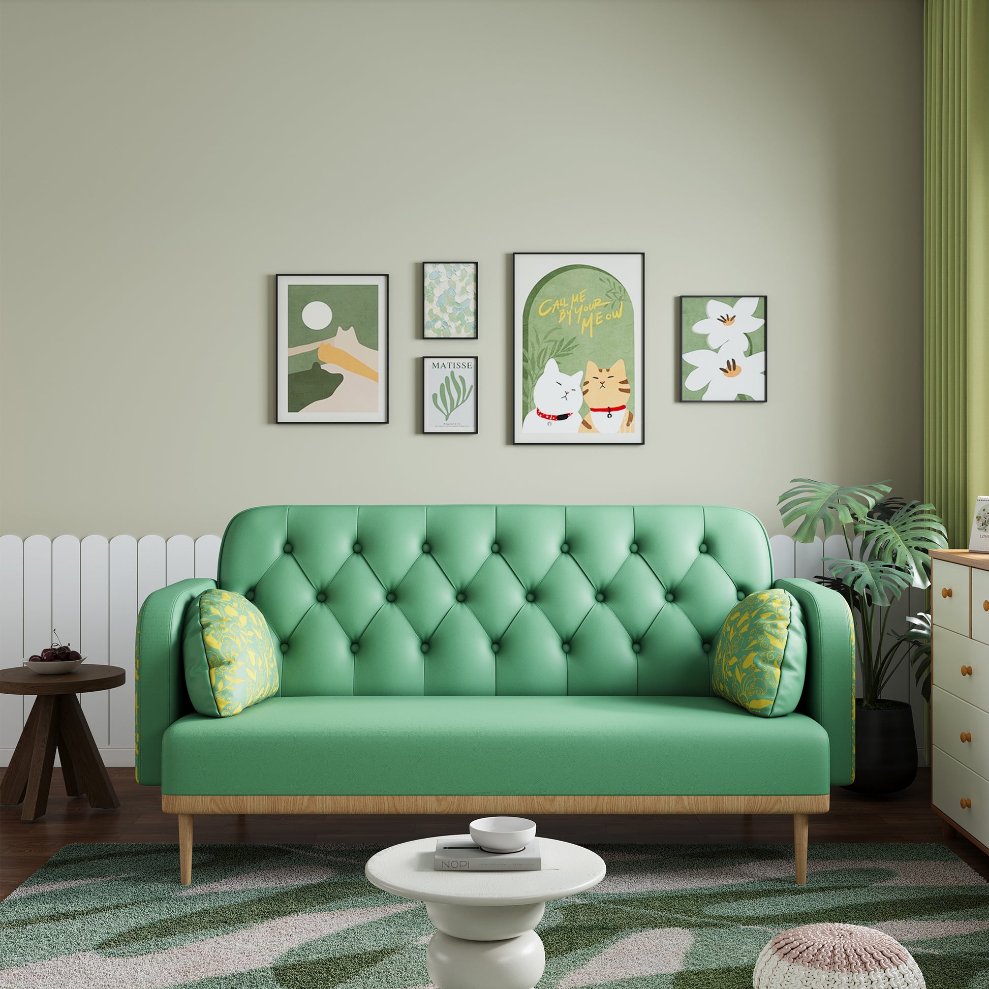 Green Loveseat Sofa With Tulip Pattern Modern Upholstered Two Seater Pu Sofa With 2 Dumpling Shaped Throw Pillows With Tulip Patterns Green Medium Soft Tech Cloth Solid Wood 2 Seat