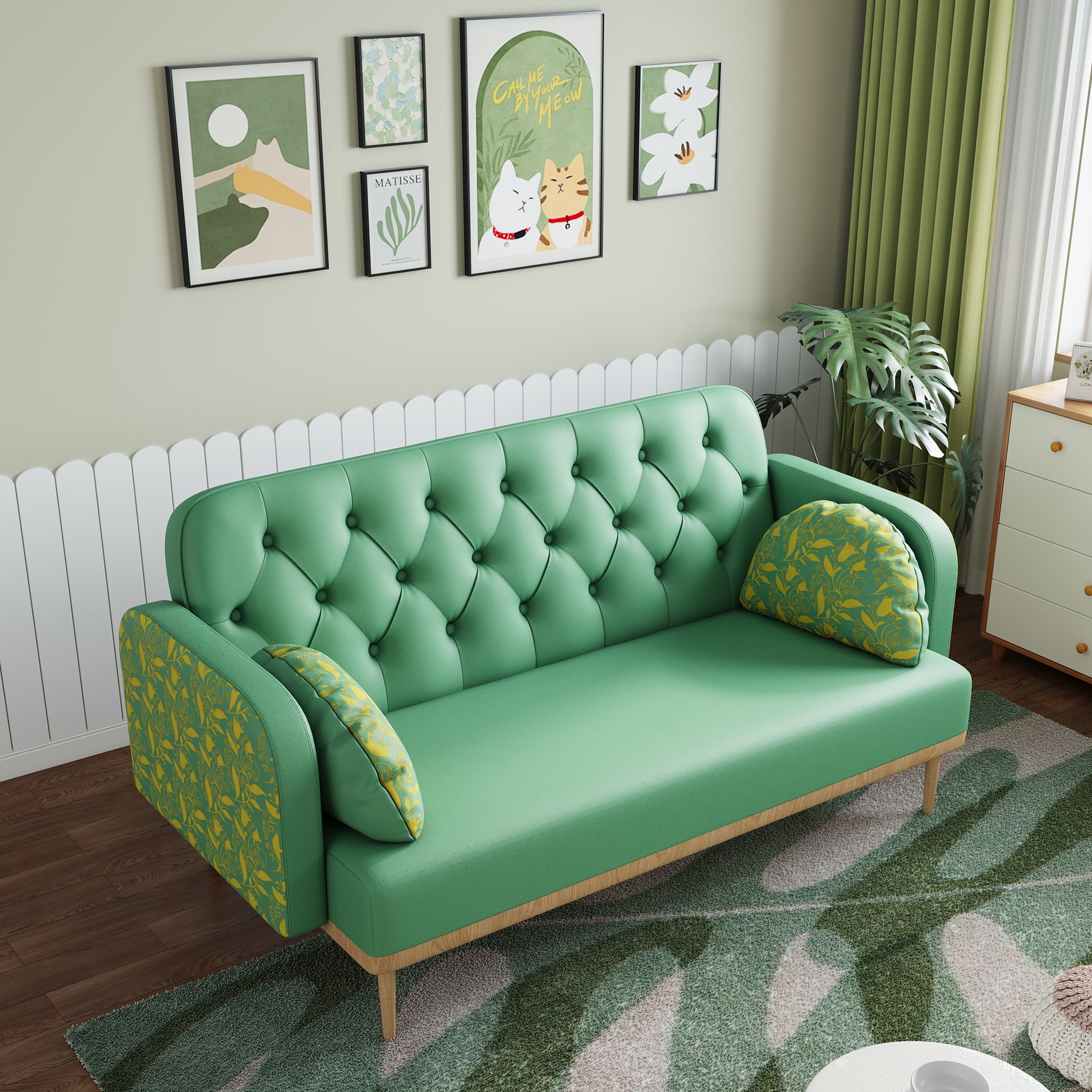 Green Loveseat Sofa With Tulip Pattern Modern Upholstered Two Seater Pu Sofa With 2 Dumpling Shaped Throw Pillows With Tulip Patterns Green Medium Soft Tech Cloth Solid Wood 2 Seat