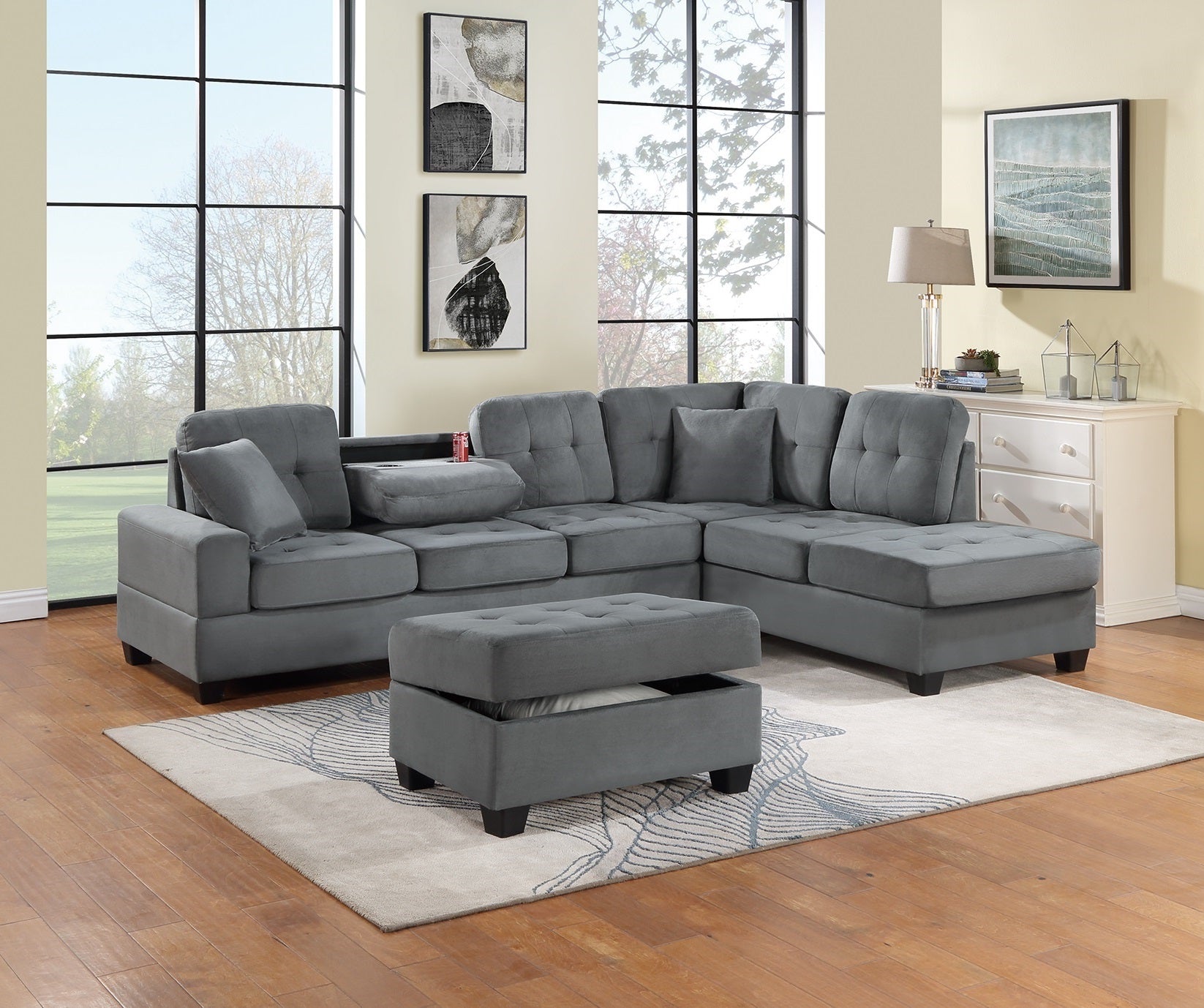 Dark Gray Plush Microfiber Living Room Furniture 3 Pcs Reversible Sectional Sofa Set Sofa W Cup Holder Reversible Chaise And Storage Ottoman Dark Gray Primary Living Space Contemporary,Modern,Transitional L Shaped Rubberwood Microfiber 5 Seat