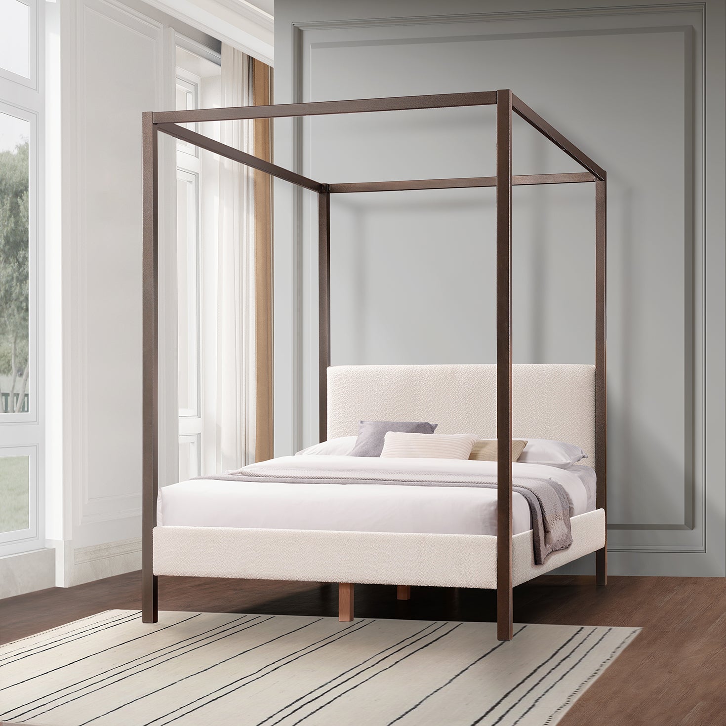 Pelican Canopy Platform Bed Pearl White Queen Box Spring Not Required Queen Cream White Wood Canopy Boucle Metal & Wood