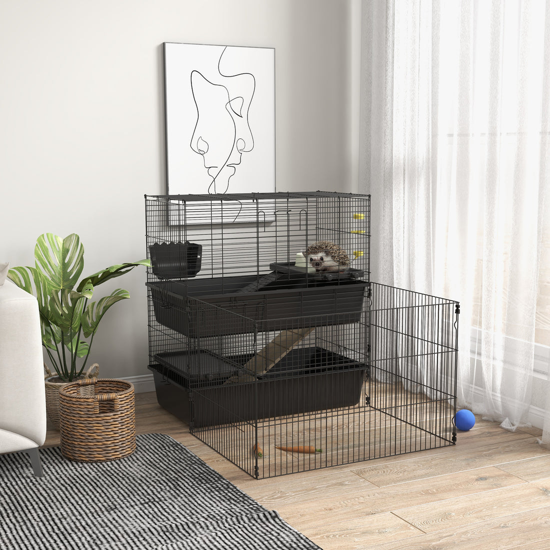 Pawhut Small Animal Cage With Playpen, Multi Level Pet Habitat Indoor For Guinea Pigs Hedgehogs Bunnies With Accessories, Water Bottle, Food Dish, Feeding Trough, 42" X 33" X 36" Black Steel