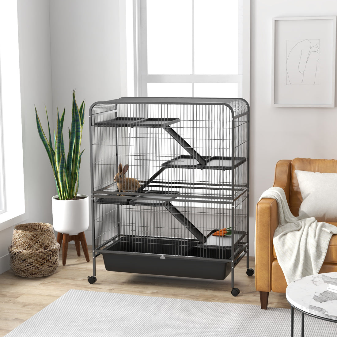 Pawhut 53.5" Small Animal Cage, 5 Level Metal Ferret Or Bunny Cage With Wheels, Chinchilla Cage With Removable Tray, 2 Front Doors, Ramps, Gray Gray Steel