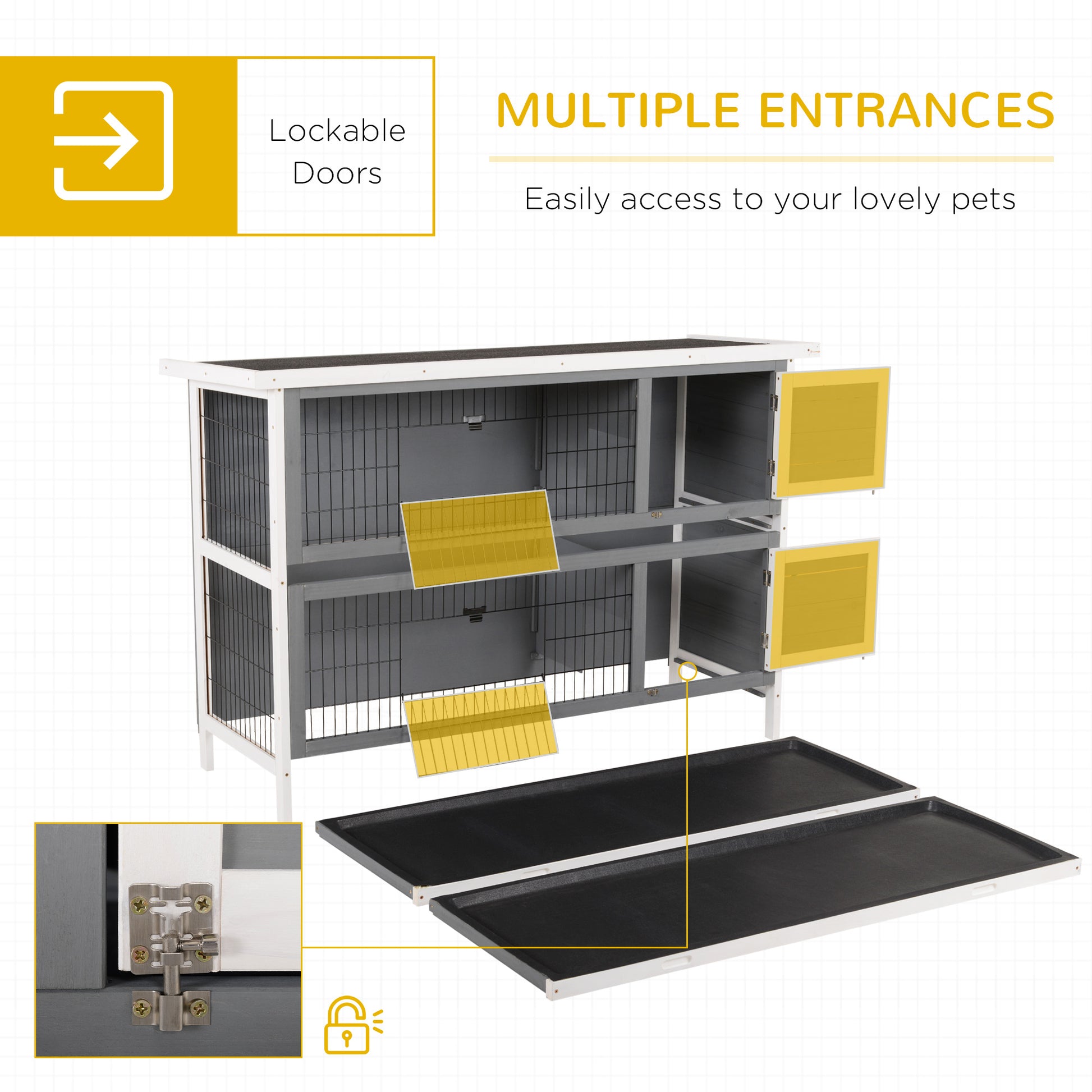 Pawhut 54" 2 Story Large Rabbit Hutch Bunny Cage Wooden Pet House Small Animal Habitat With Lockable Doors, No Leak Tray And Waterproof Roof For Outdoor Indoor Dark Grey Gray Wood