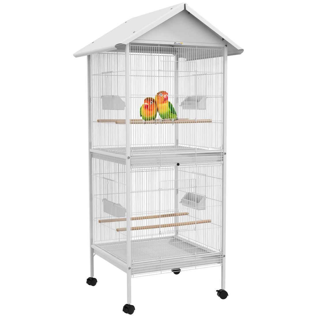 Pawhut Wrought Metal Bird Cage Feeder With Rolling Stand Perches Food Containers Doors Wheels 67" H, White White Wood