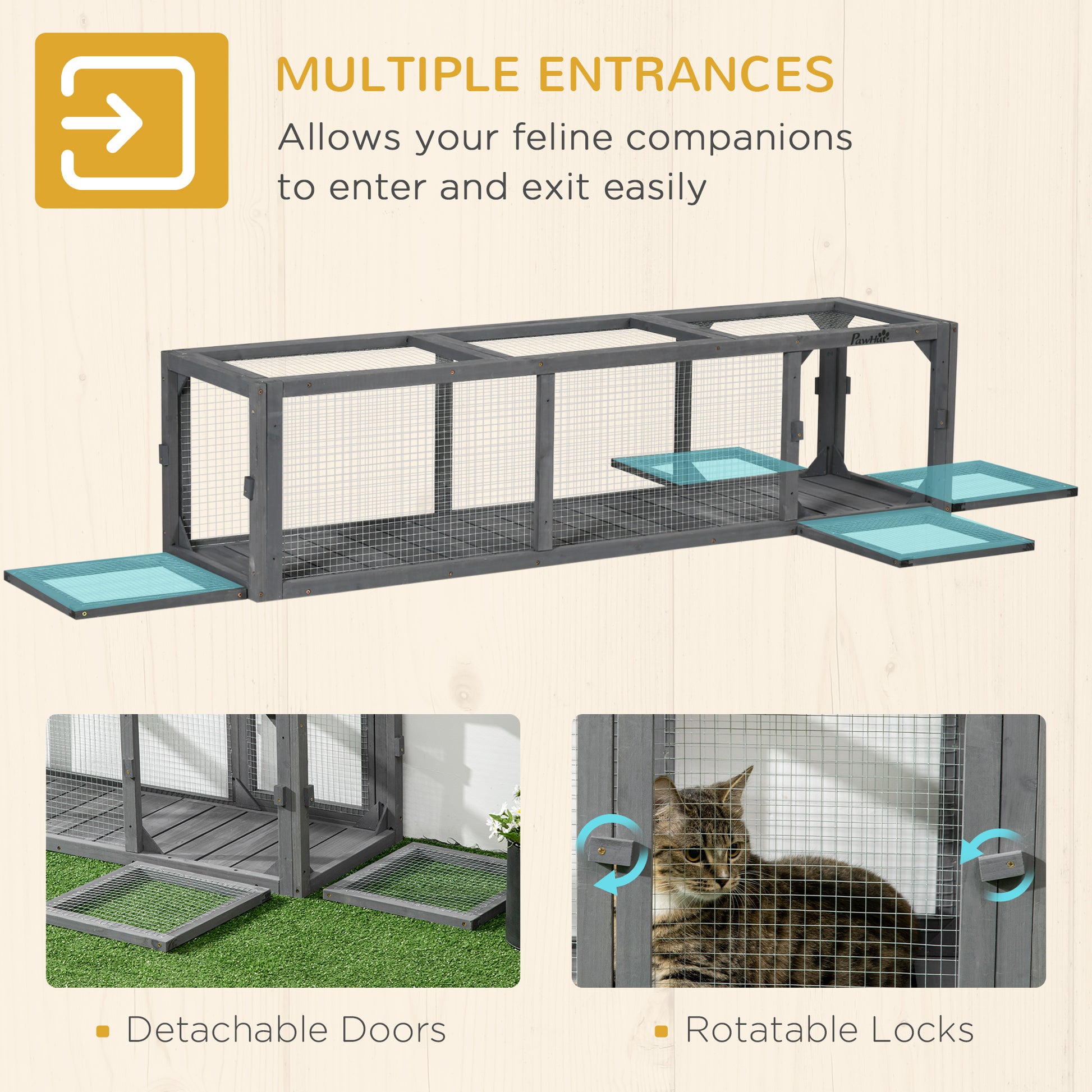 Pawhut Outdoor Cat Tunnel With Extendable Design, 59" L Wooden Cat Run With Weather Protection, Connecting Inside And Outside, For Deck Patios, Balconies, Gray Gray Wood