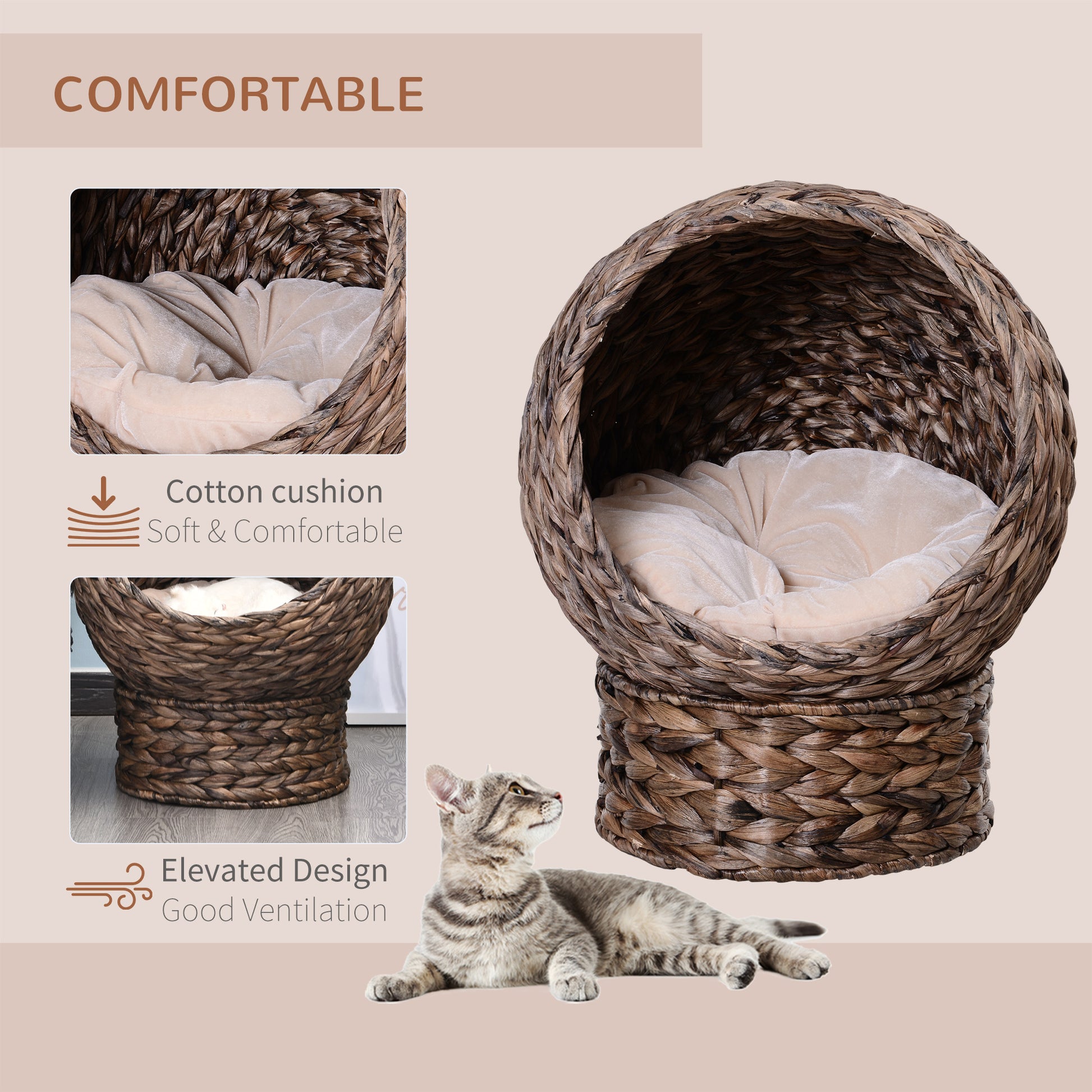 Pawhut Handwoven Elevated Cat Bed With Soft Cushion & Cat Egg Chair Shape, Cat Basket Bed Kitty House With Stand, Raised Wicker Cat Bed For Indoor Cats, 23.5" H, Grey Gray Rattan