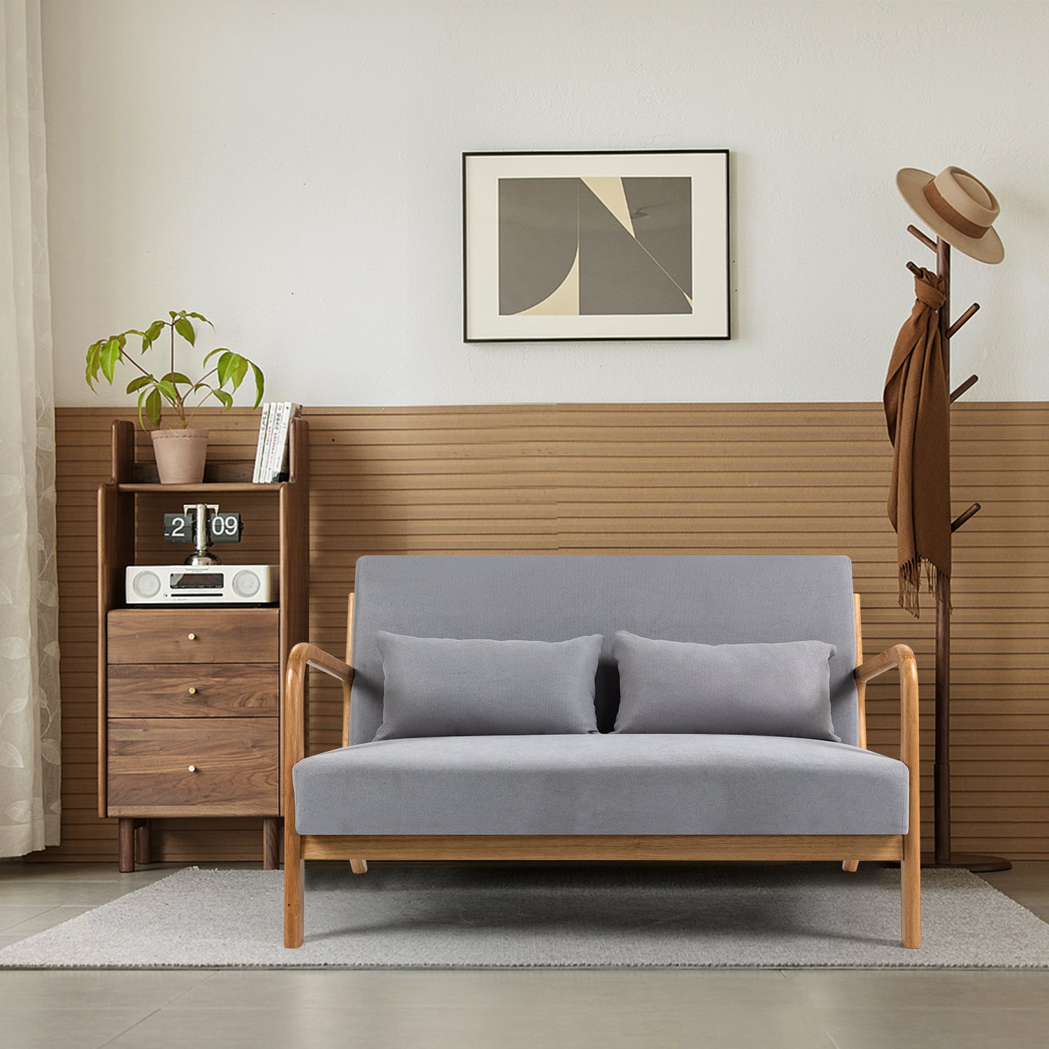 Leisure Chair With Solid Wood Armrest And Feet, Mid Century Modern Accent Sofa,2 Seat Light Gray Linen