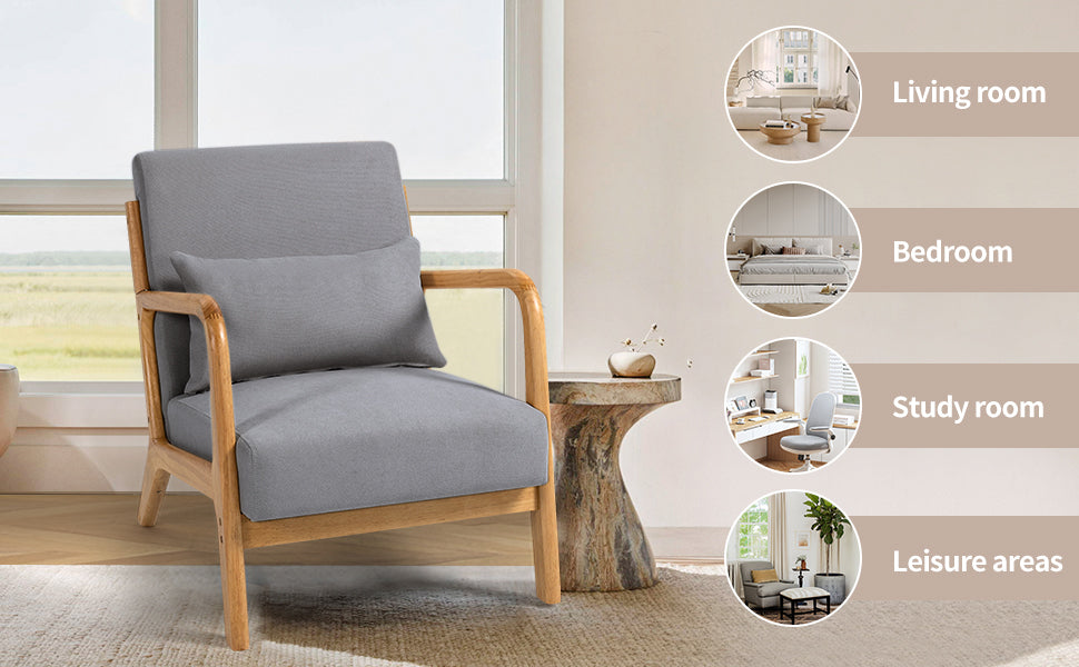 Leisure Chair With Solid Wood Armrest And Feet, Mid Century Modern Accent Sofa,1 Seat Light Gray Linen