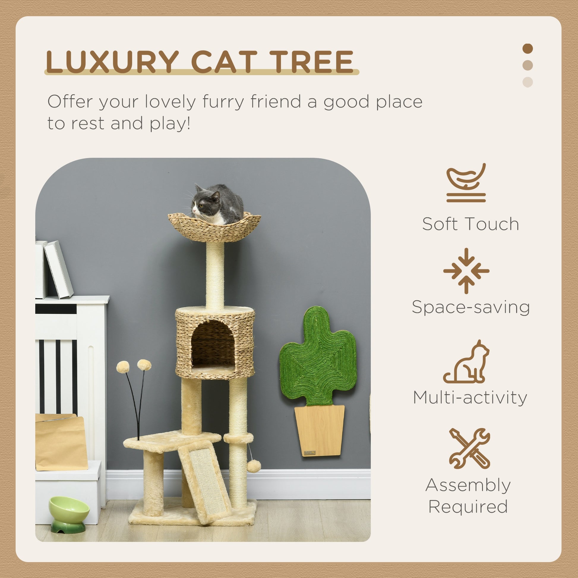 Pawhut 45" Cat Tree For Indoor Cats, Cat Tree Tower With Scratching Posts, Ramp, Condo, Toy Balls, Platforms, Bed, Ramp, Beige Beige Particle Board