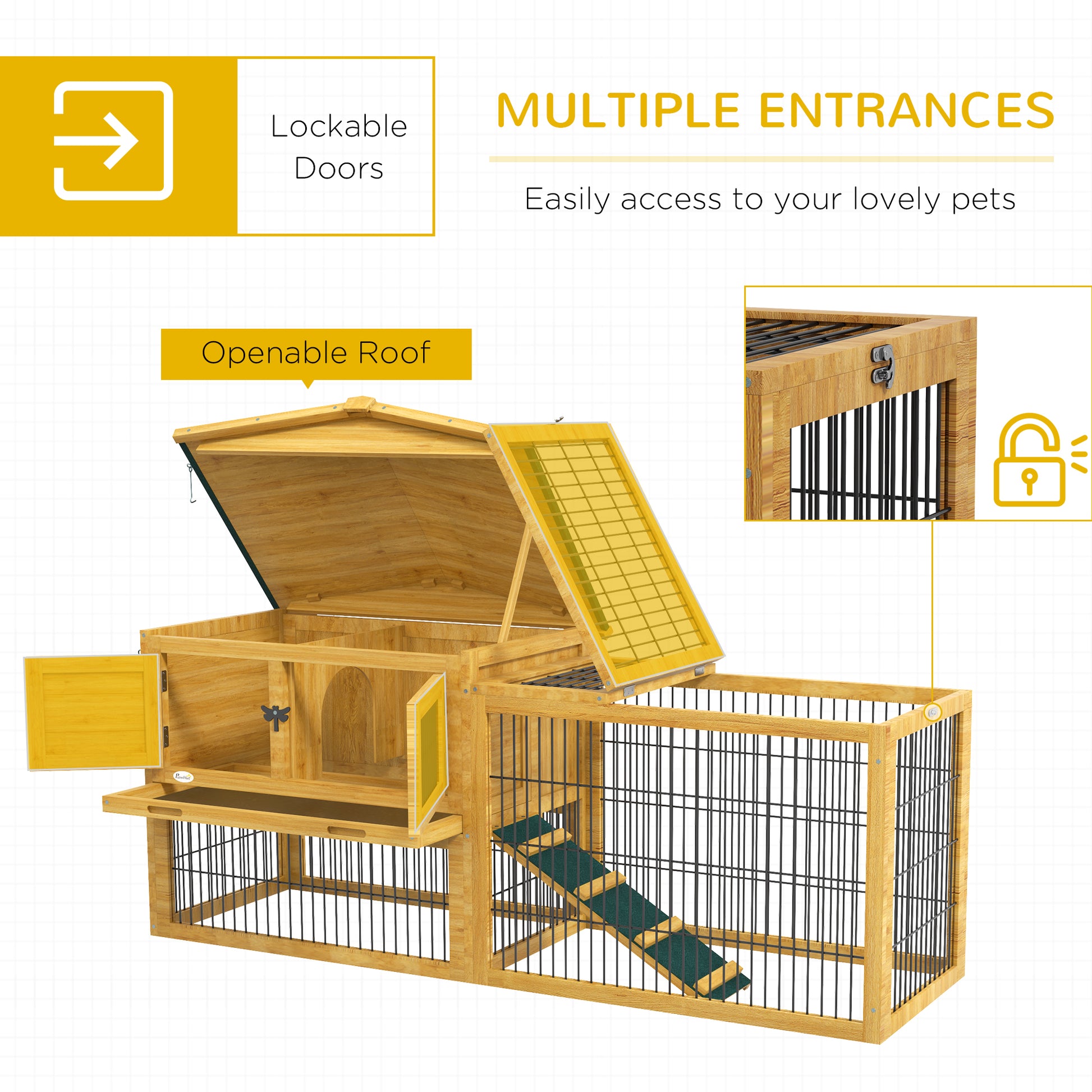 Pawhut 2 Levels Outdoor Rabbit Hutch With Openable Top, 59" Wooden Large Rabbit Cage With Run Weatherproof Roof, Removable Tray, Ramp, Yellow Yellow Wood