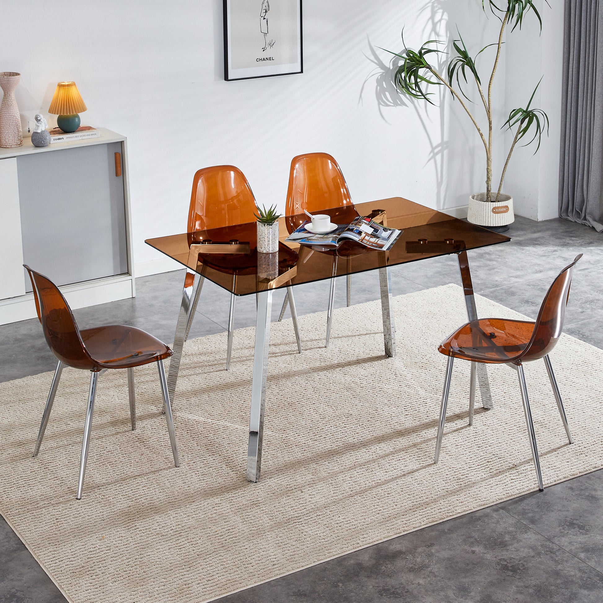 Modern Minimalist Style Rectangular Glass Dining Table, Brown Tempered Glass Tabletop And Silver Metal Legs, Suitable For Kitchen, Dining Room, And Living Room, 51 "* 31.5" * 29.5 "1123 Brown Glass