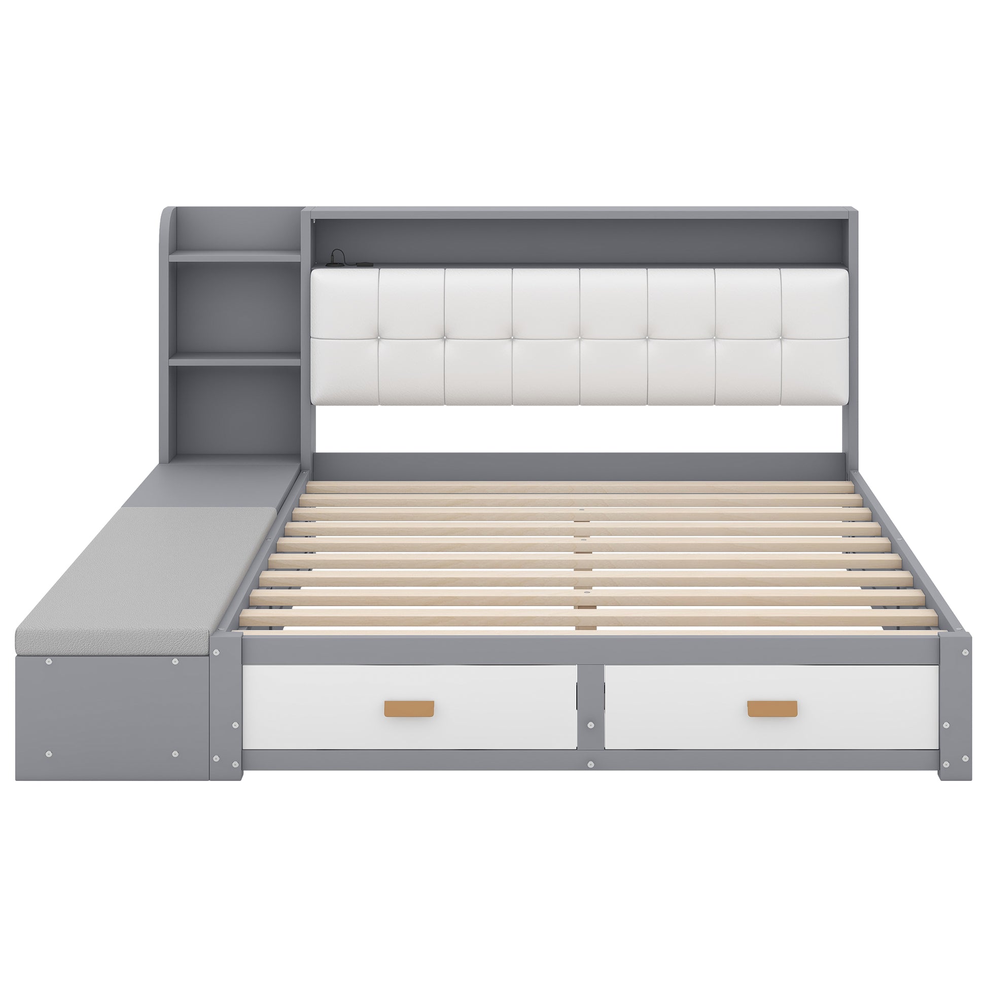 Queen Size Low Profile Platform Bed Frame With Upholstery Headboard And Storage Shelves And Drawers,Usb Charging Design,Gray Queen Gray Solid Wood Mdf