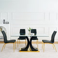 Modern Simple Table And Chair Set, One Table And Four Chairs. Transparent Tempered Glass Table Top, Solid Base. Gold Plated Metal Chair Legs Set Of 5 Black Mdf Metal