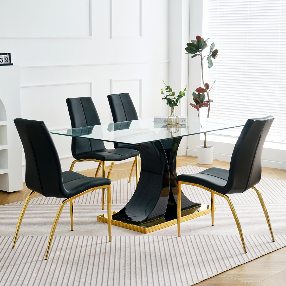 Modern Simple Table And Chair Set, One Table And Four Chairs. Transparent Tempered Glass Table Top, Solid Base. Gold Plated Metal Chair Legs Set Of 5 Black Mdf Metal