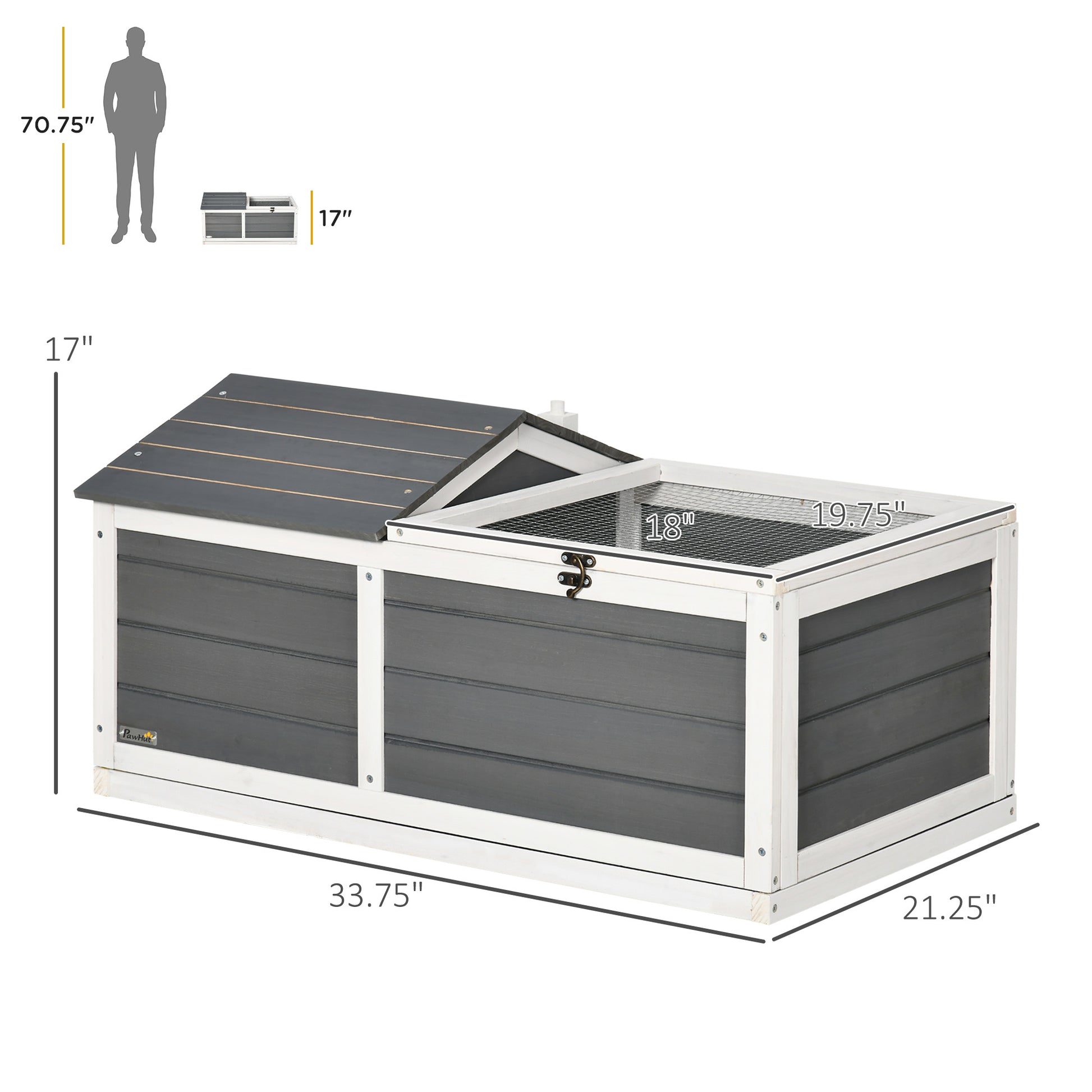 Pawhut 34" Wooden Tortoise Habitat, Tortoise Enclosure With Hide Shelter And Run, Openable Top, Tray, Indoor Outdoor Use, Gray Gray Wood