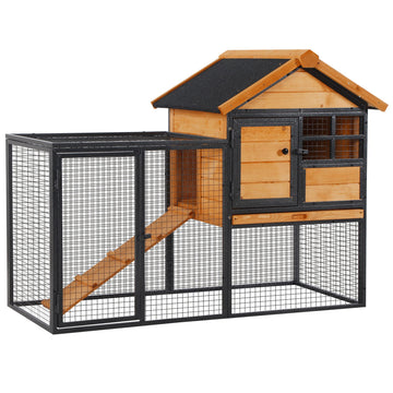 Pawhut 2 Level Rabbit Hutch Bunny House With Weatherproof Asphalt Roof, Removable Tray And Ramp For Outdoor Yellow Wood