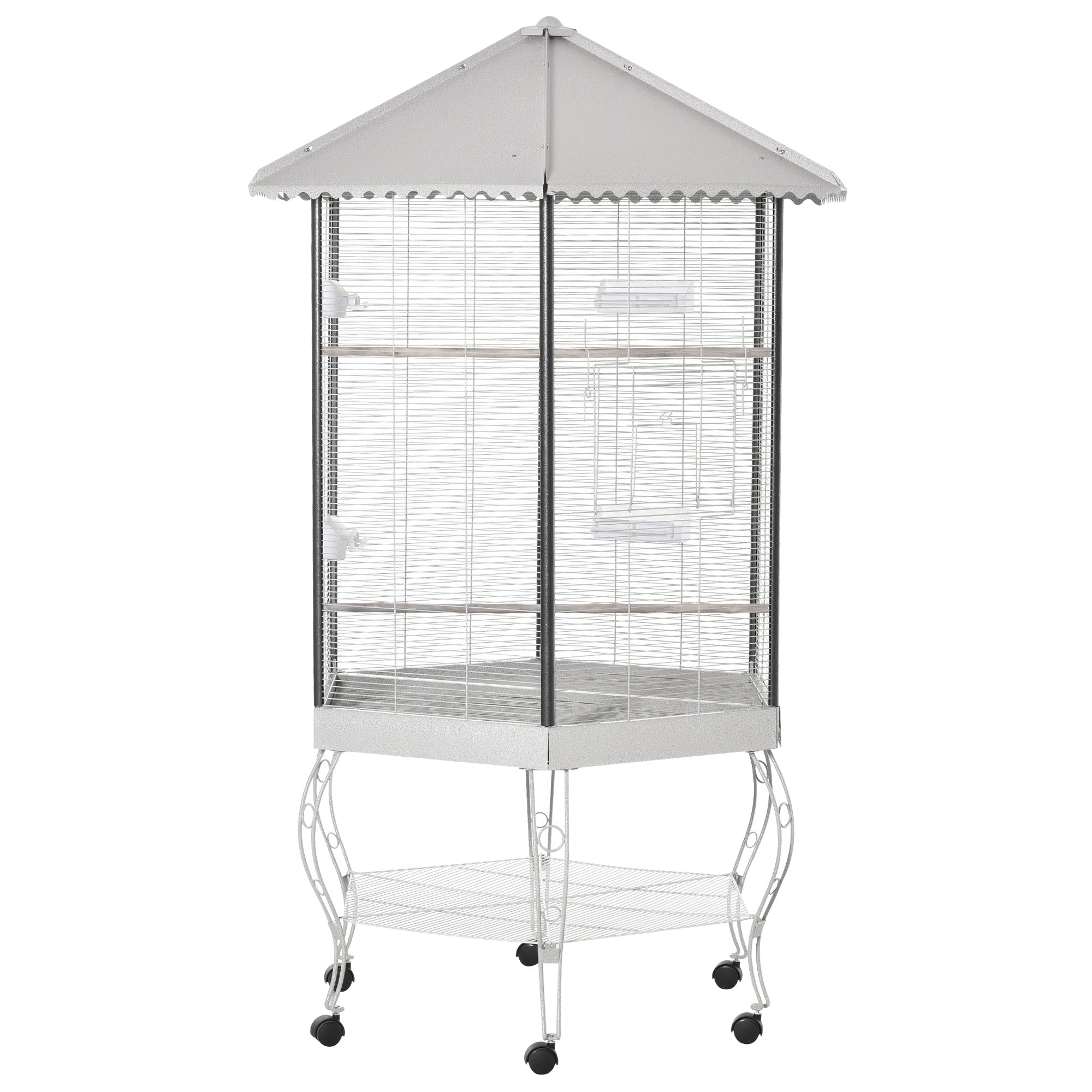 Pawhut 77" Flight Bird Cage Hexagon Covered Canopy Portable Aviary With Storage White Steel