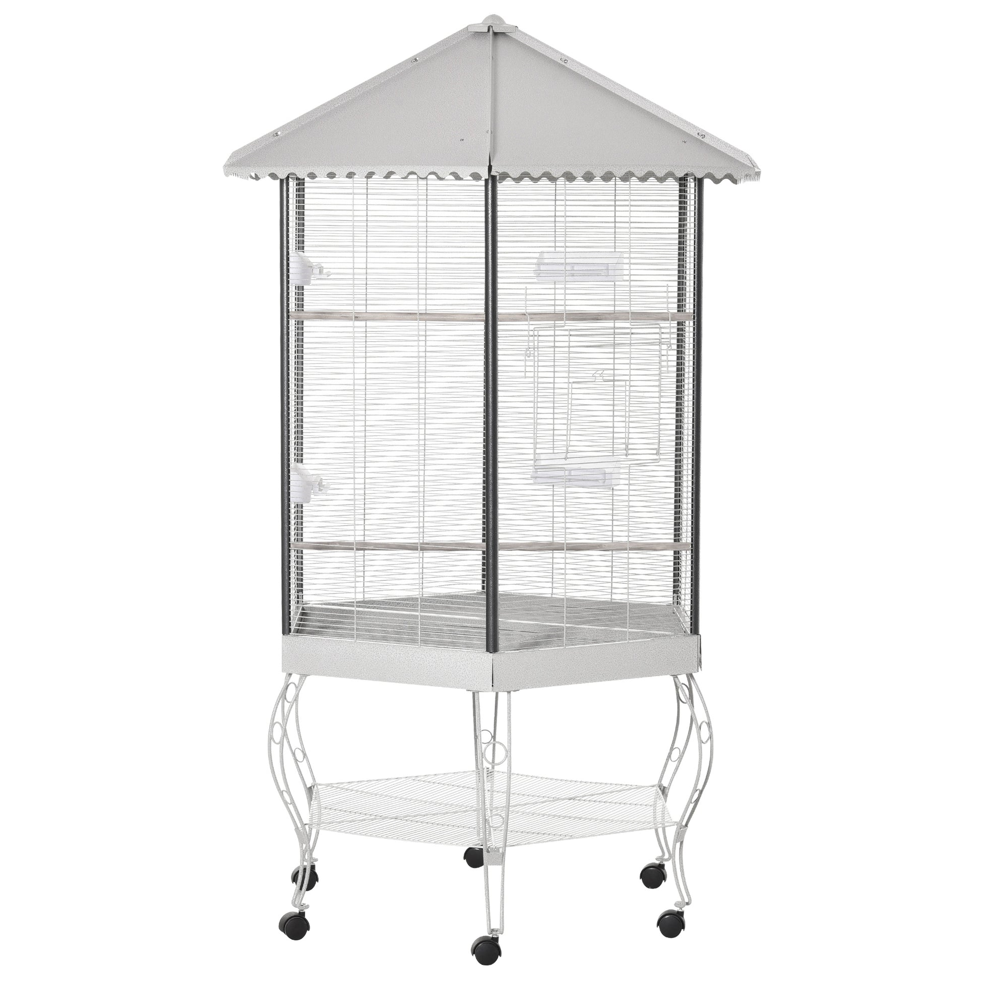 Pawhut 77" Flight Bird Cage Hexagon Covered Canopy Portable Aviary With Storage White Steel