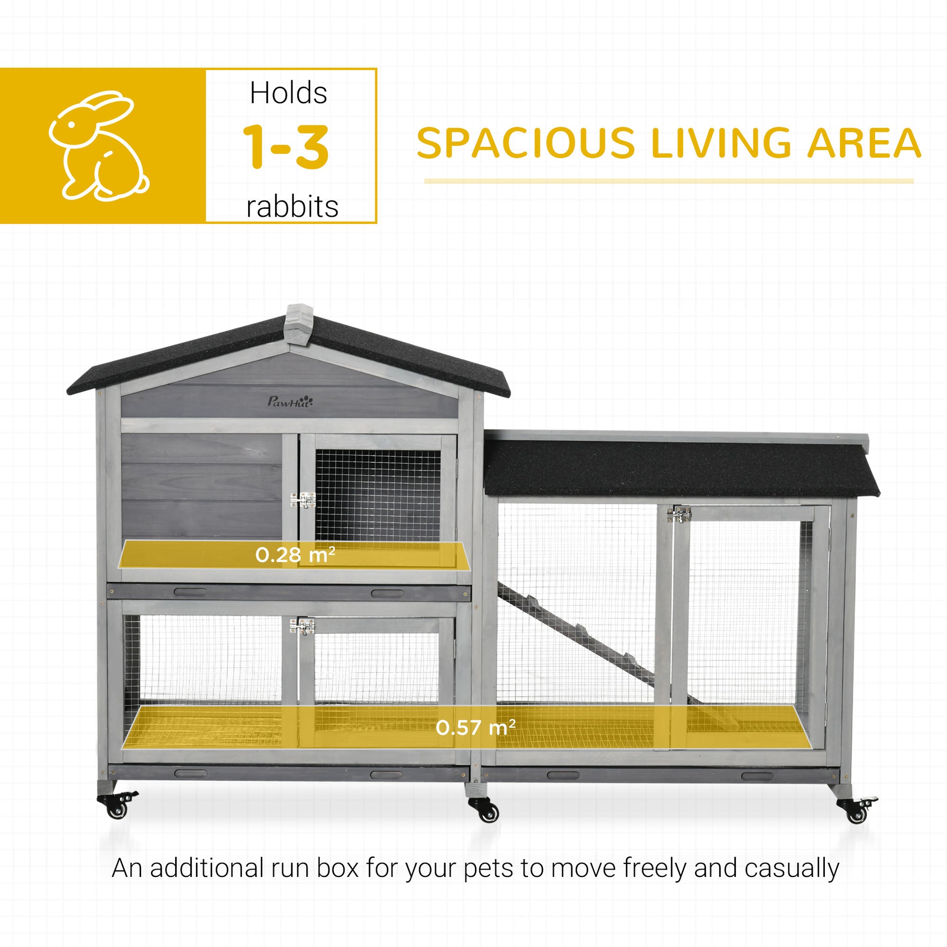 Pawhut 62" Wooden Rabbit Hutch, Bunny Cage, Pet Playpen House With Wheels, Run Box, No Leak Tray, And Ramp For Small Animals, Indoor Outdoor Use, Light Gray Gray Wood