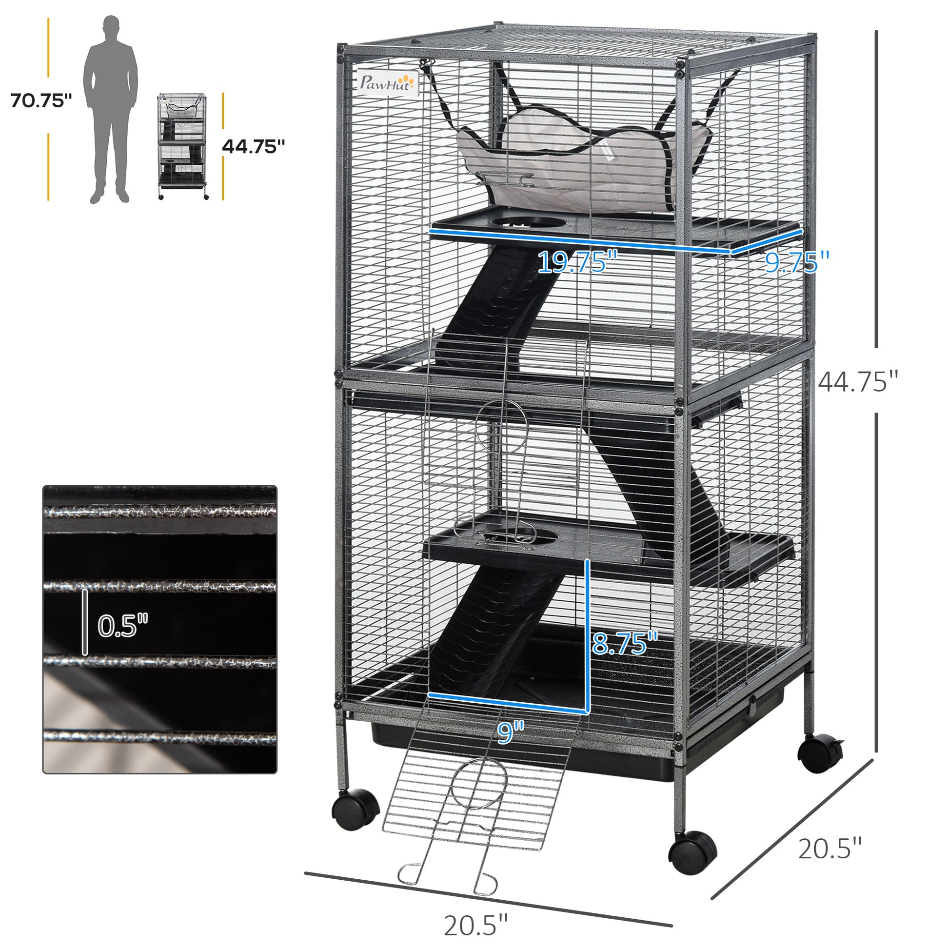 Pawhut Metal Small Animal Cage Rolling Big Ferret Cage, Chinchilla Cage, Sugar Glider Cage, With Hammock & 4 Tiers, Removable Tray, Gray Gray Steel