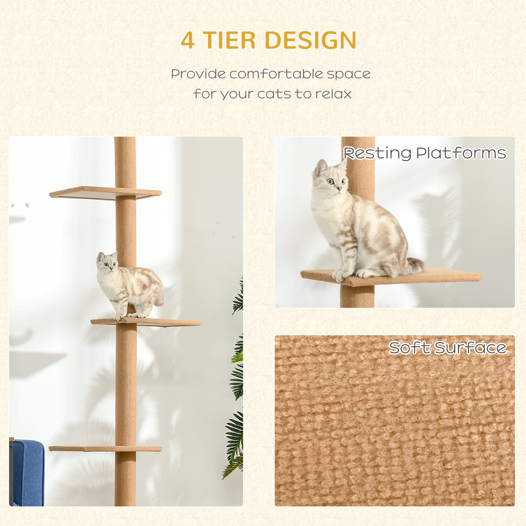 PawHut Floor to Ceiling Cat Tree Cat Climbing Tower brown-particle board
