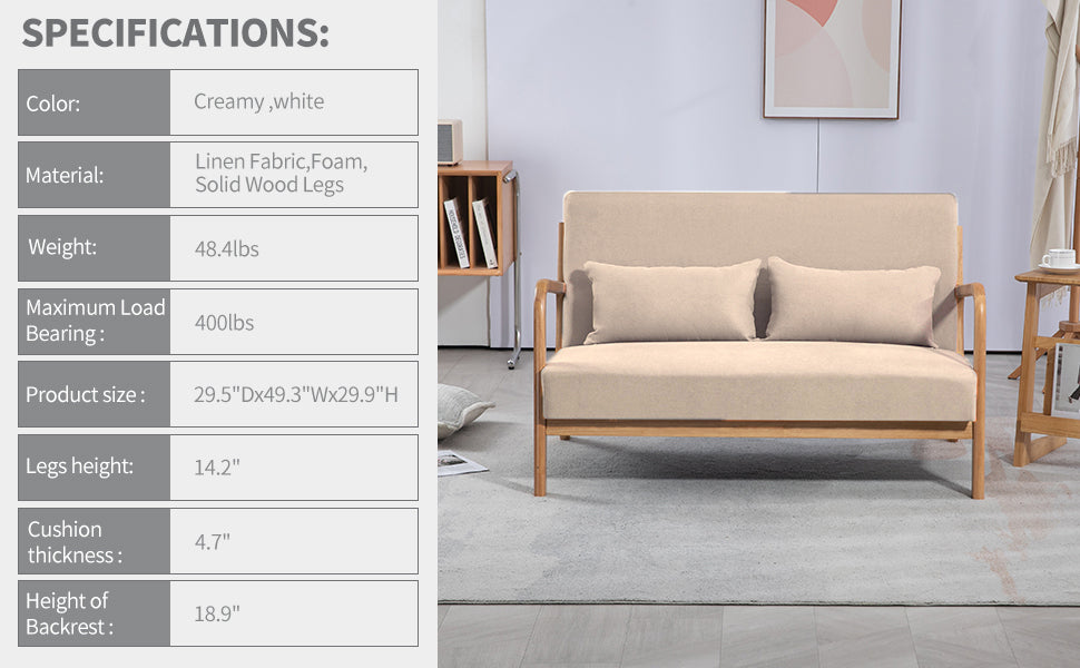 Leisure Chair With Solid Wood Armrest And Feet, Mid Century Modern Accent Sofa,2 Seat Beige Linen