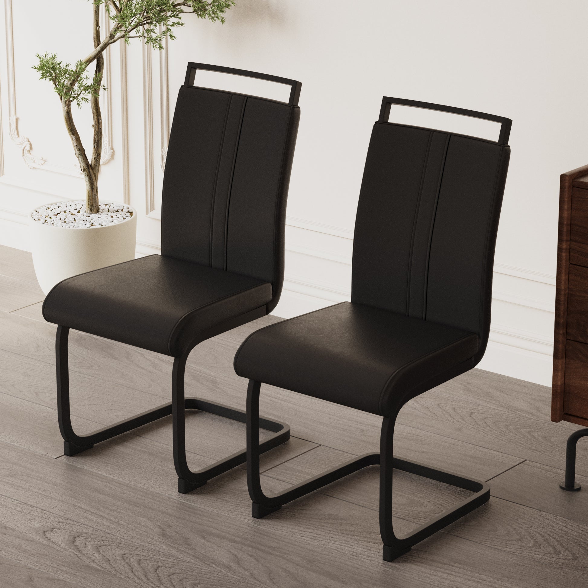 Modern Dining Chairs,Pu Faux Leather High Back Upholstered Side Chair With C Shaped Tube. Black Metal Legs For Dining Room Kitchen Vanity Patio Club Guest Office Chair Set Of 2 Black Pu Black Kitchen Dining Chairs Foam Pu