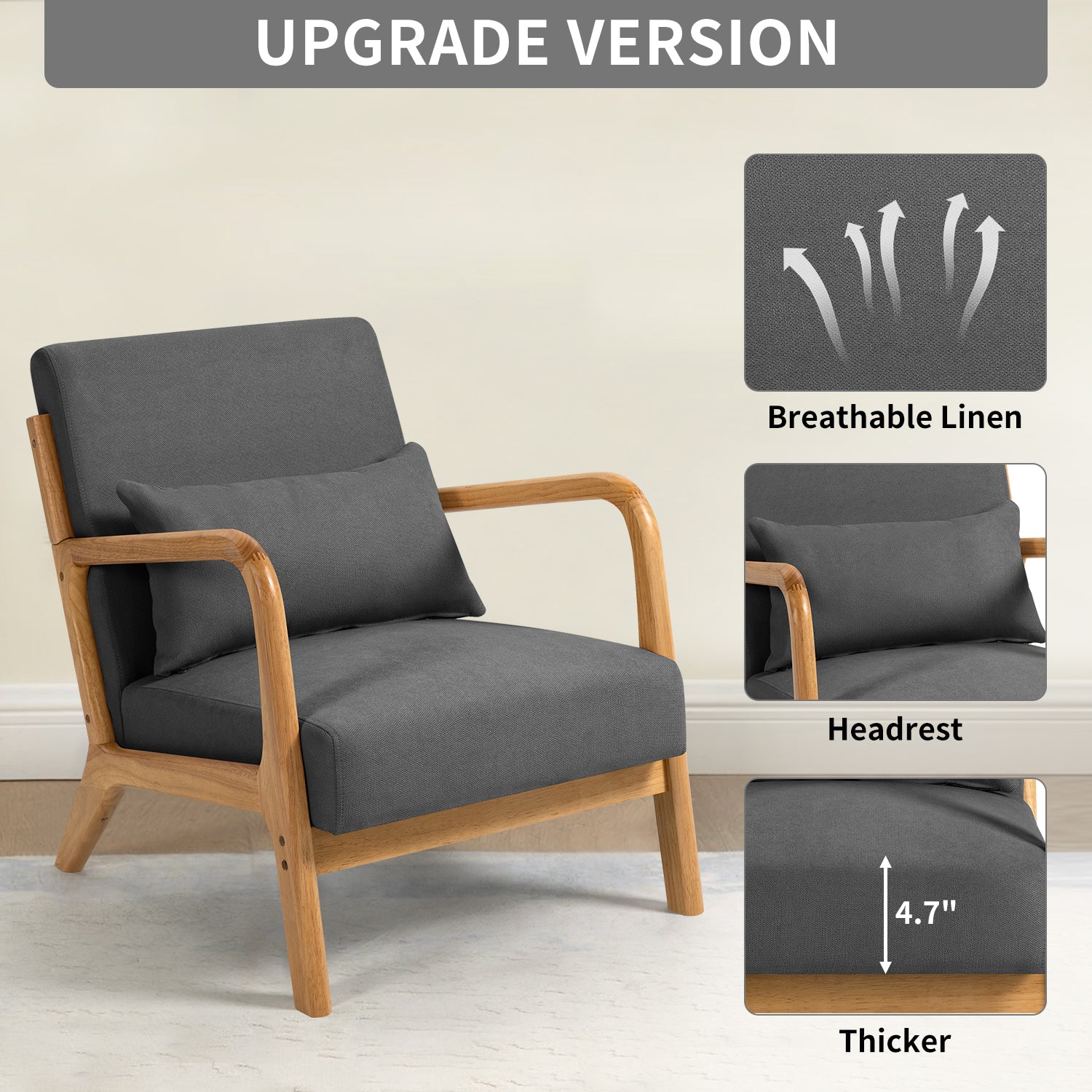 Leisure Chair With Solid Wood Armrest And Feet, Mid Century Modern Accent Sofa,1 Seat Dark Grey Linen