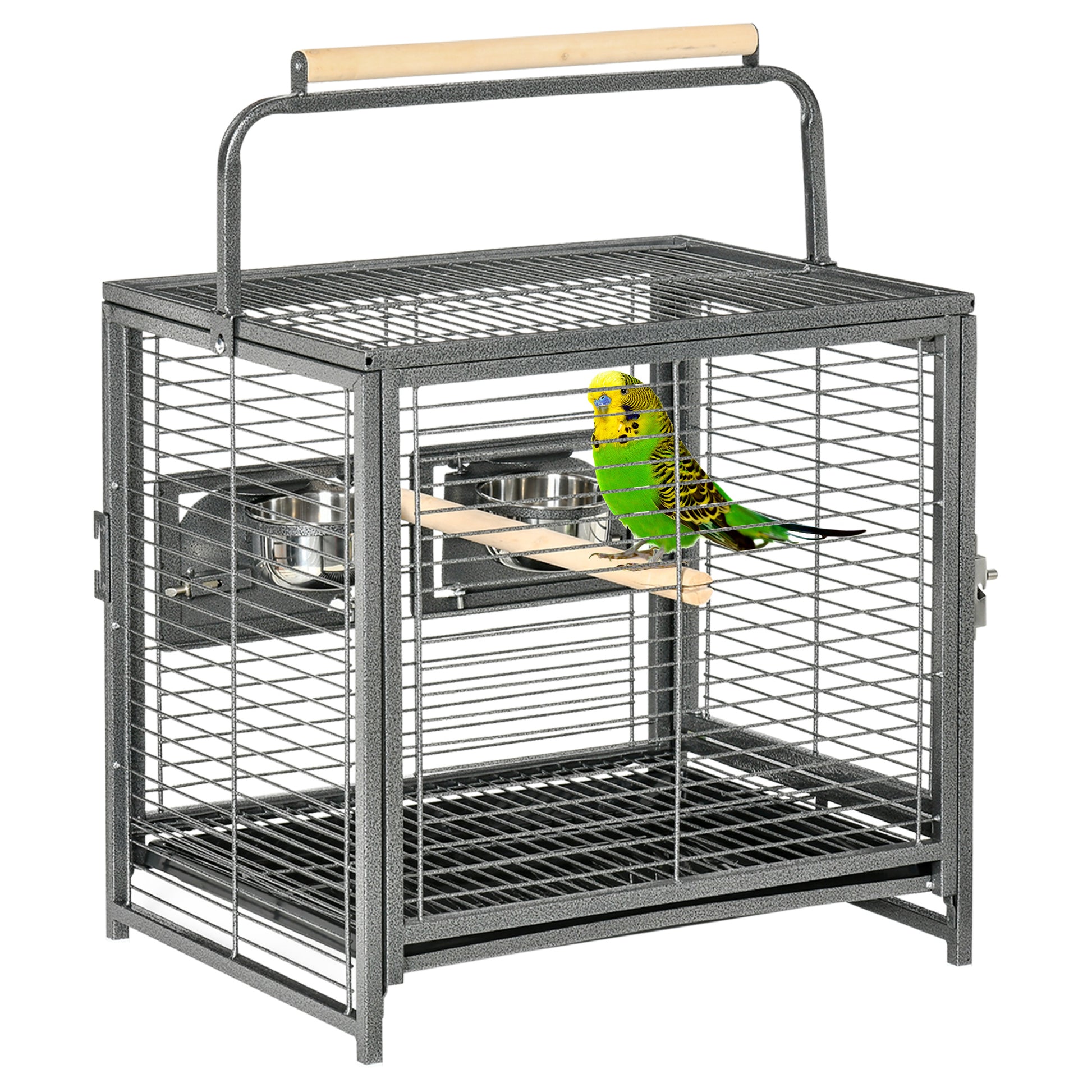 Pawhut 19" Travel Bird Cage Parrot Carrier With Handle Wooden Perch For Cockatiels, Conures, Black Black Steel