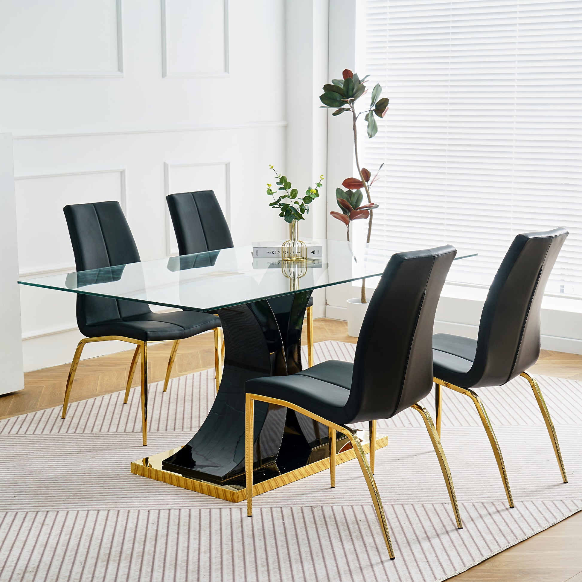 Modern Simple Table And Chair Set, One Table And Four Chairs. Transparent Tempered Glass Table Top, Solid Base. Gold Plated Metal Chair Legs Set Of 5 Black Mdf Metal