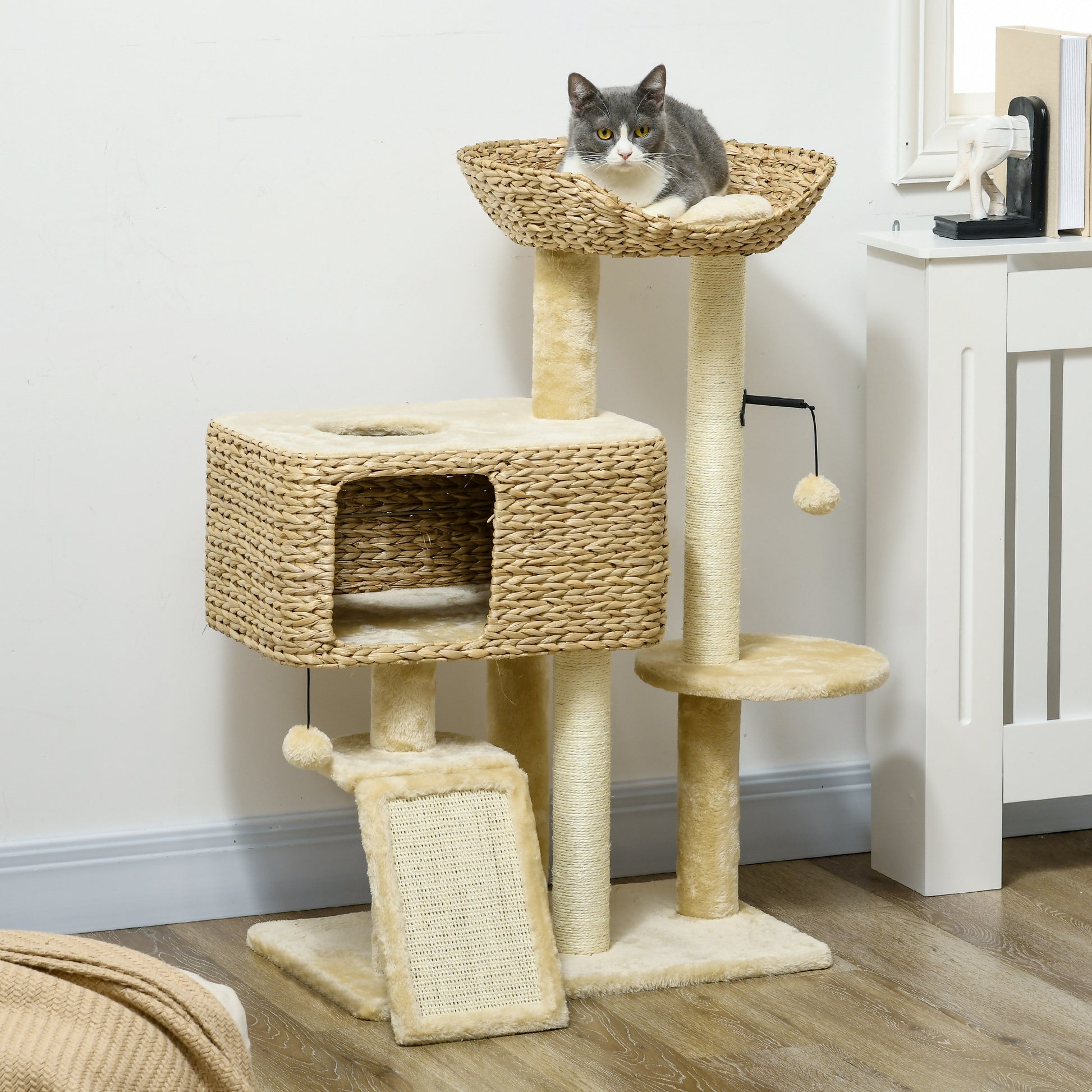 Pawhut 38" Cat Tree For Indoor Cats, Cat Tower With Scratching Posts, Ramp, Condo, Toy Balls, Platform, Bed, Ramp, Beige Beige Particle Board