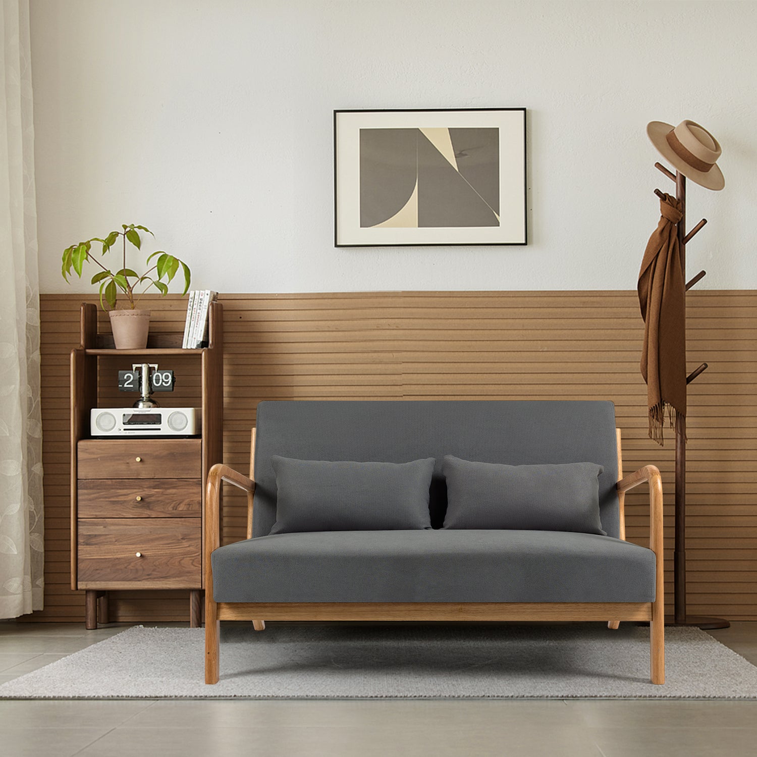 Leisure Chair With Solid Wood Armrest And Feet, Mid Century Modern Accent Sofa,2 Seat Dark Gray Linen