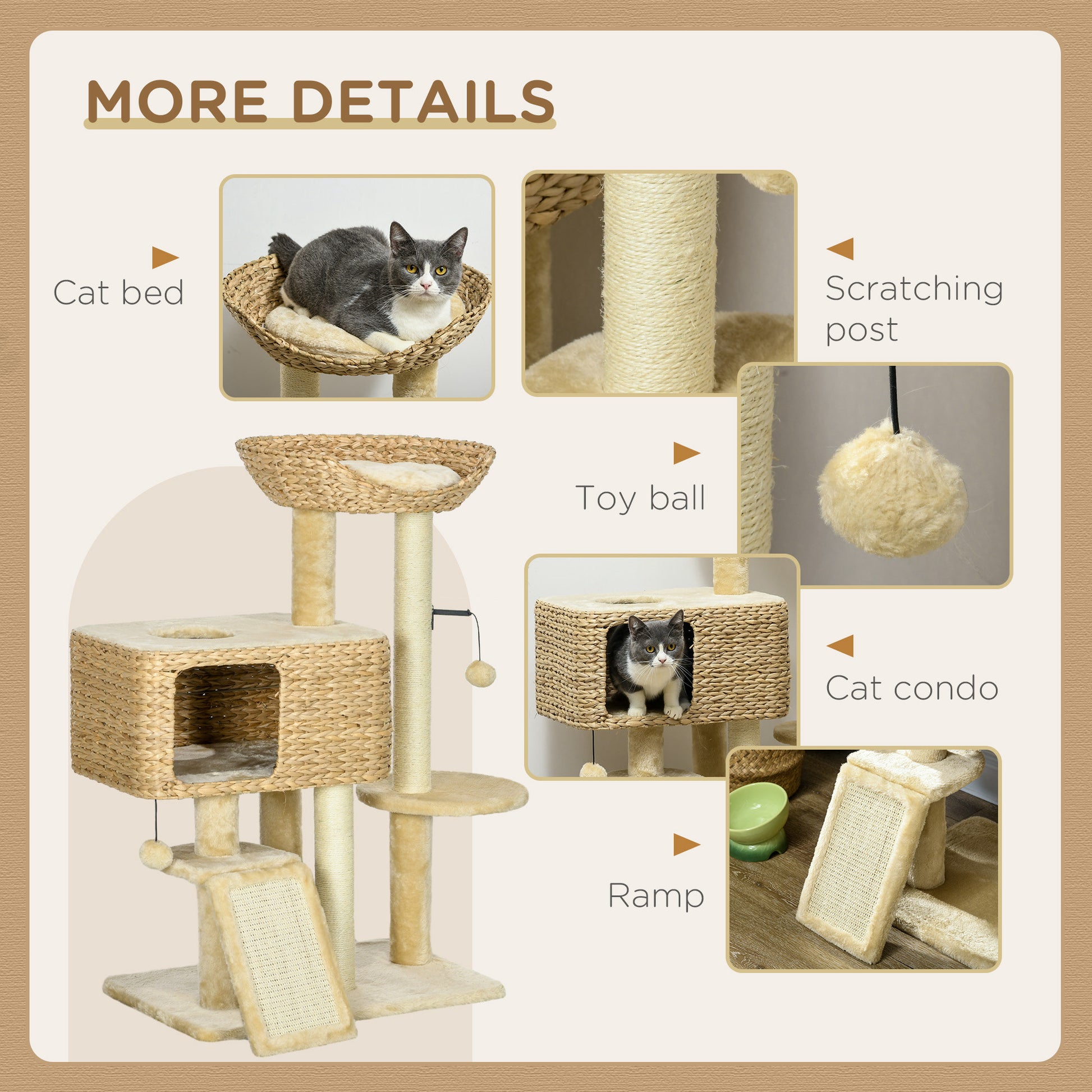 Pawhut 38" Cat Tree For Indoor Cats, Cat Tower With Scratching Posts, Ramp, Condo, Toy Balls, Platform, Bed, Ramp, Beige Beige Particle Board