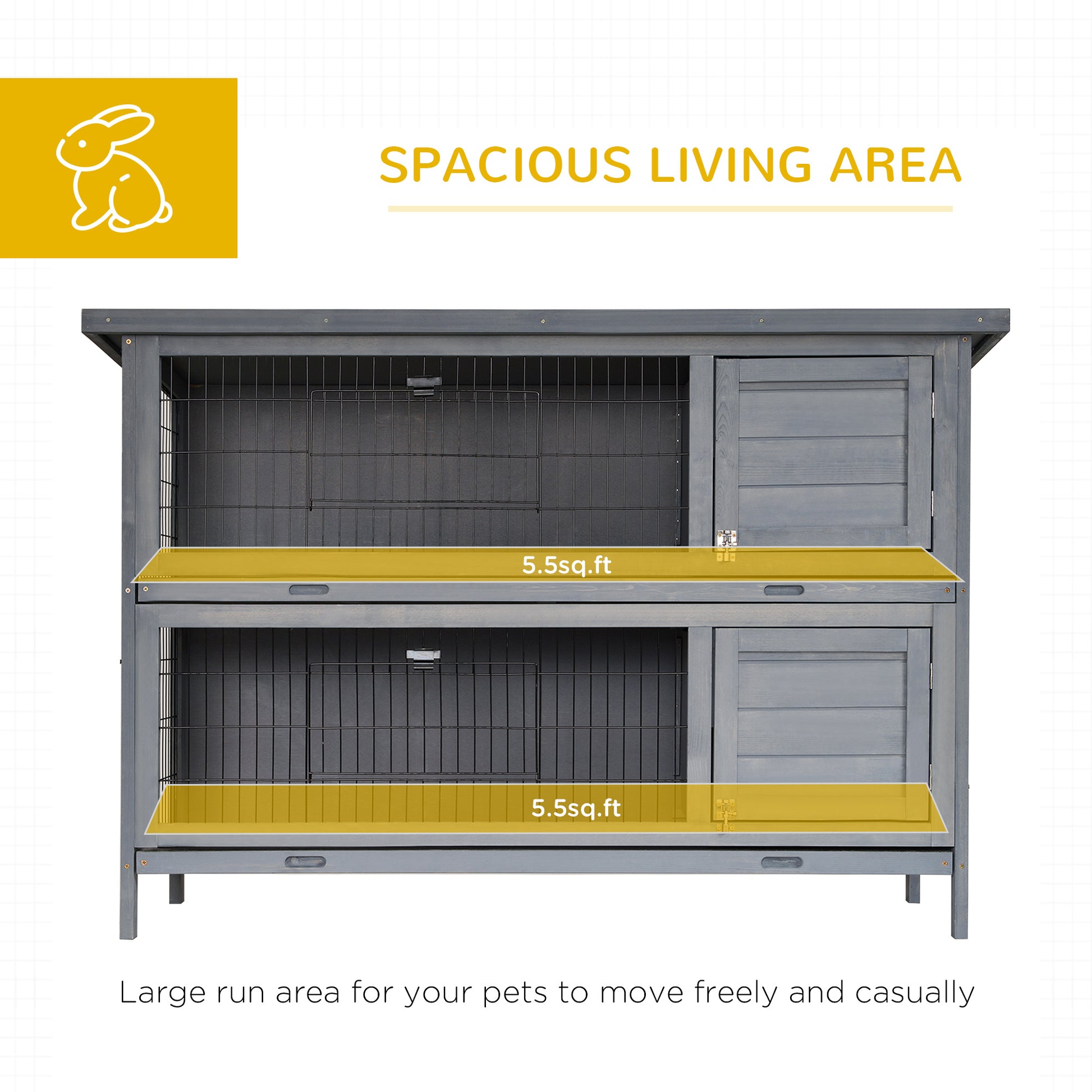 Pawhut 54" 2 Story Large Rabbit Hutch Bunny Cage Wooden Pet House Small Animal Habitat With Lockable Doors, No Leak Tray And Waterproof Roof For Outdoor Indoor Grey Gray Wood