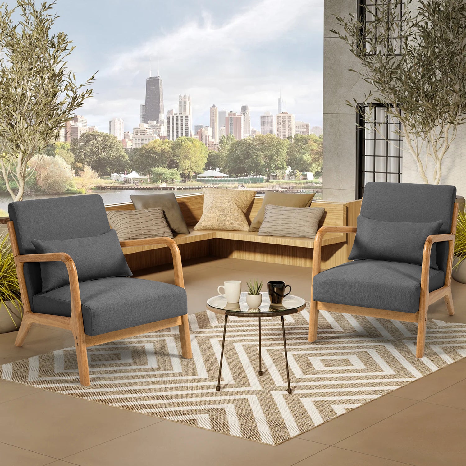 Leisure Chair With Solid Wood Armrest And Feet, Mid Century Modern Accent Sofa,1 Seat Dark Grey Linen